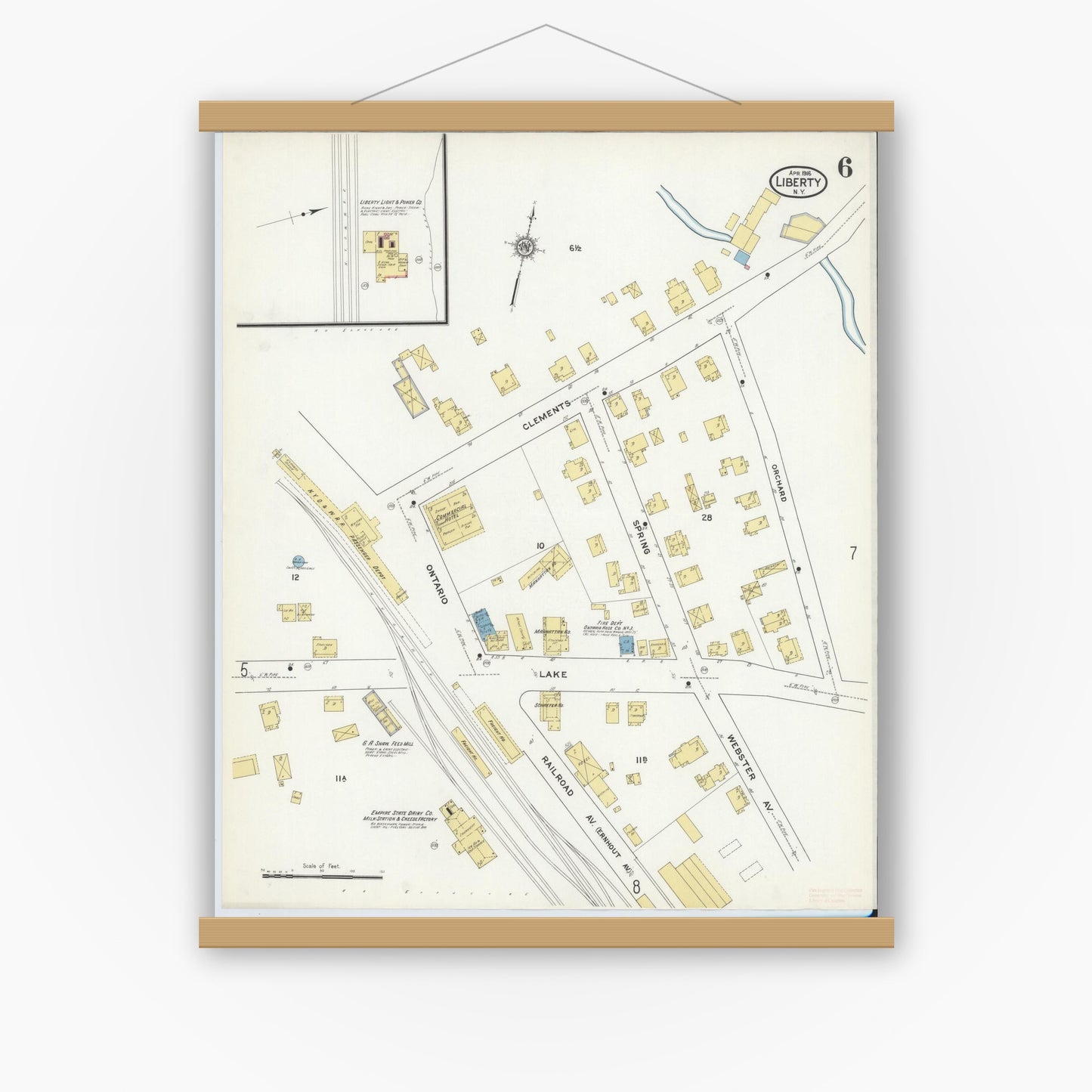 Old map wall art mockup — magnetic wood frame on white wall — Sanborn Fire Insurance Map from Liberty, Sullivan County, New York (1916), Sheet #0006