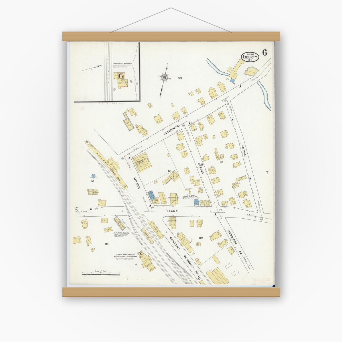 Old map wall art mockup — magnetic wood frame on white wall — Sanborn Fire Insurance Map from Liberty, Sullivan County, New York (1916), Sheet #0006