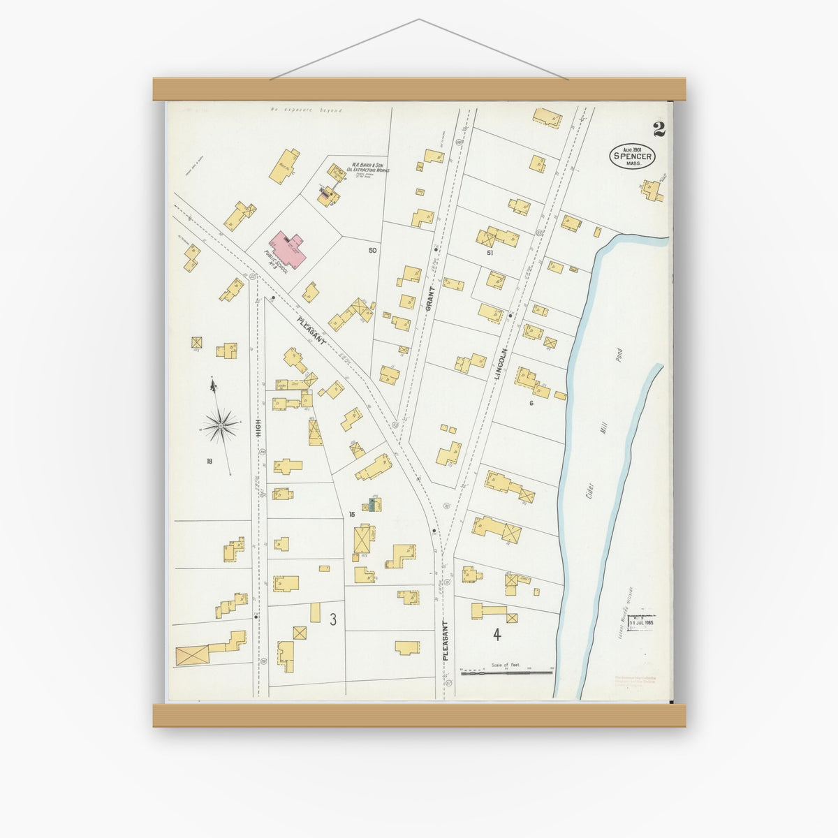 Old map wall art mockup — magnetic wood frame on white wall — Sanborn Fire Insurance Map from Spencer, Worcester County, Massachusetts (1901), Sheet #0002