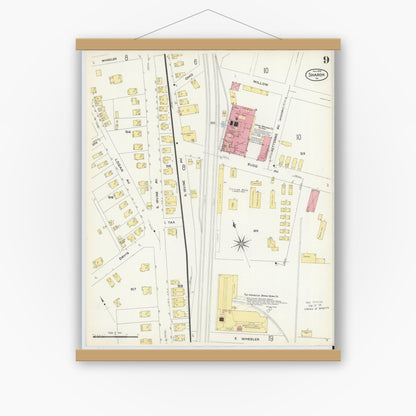 Old map wall art mockup — magnetic wood frame on white wall — Sanborn Fire Insurance Map from Sharon, Mercer County, Pennsylvania (1908), Sheet #0009