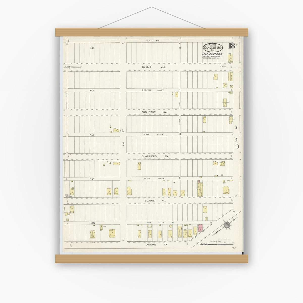 Old map wall art mockup — magnetic wood frame on white wall — Sanborn Fire Insurance Map from Canonsburg, Washington County, Pennsylvania (1913), Sheet #0018