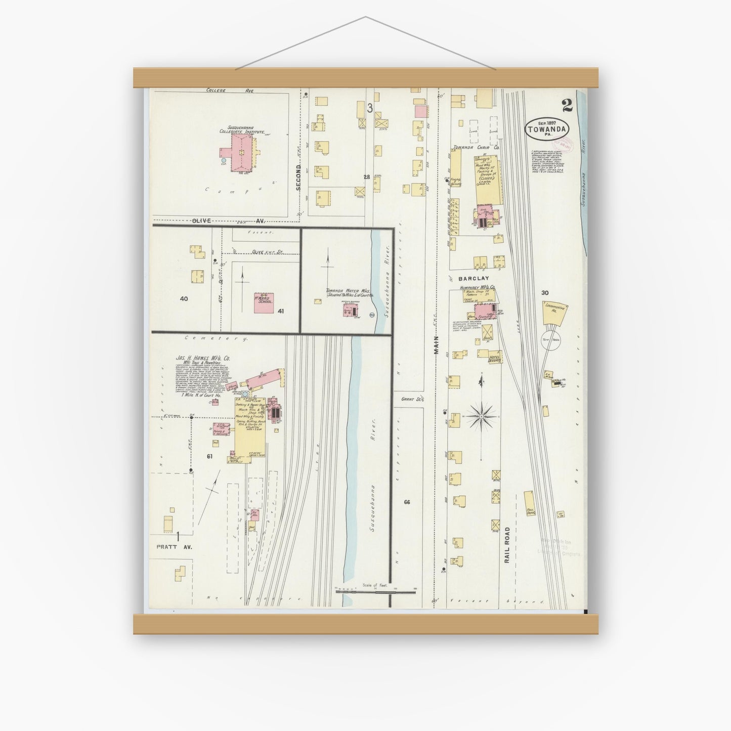 Old map wall art mockup — magnetic wood frame on white wall — Sanborn Fire Insurance Map from Towanda, Bradford County, Pennsylvania (1897), Sheet #0002