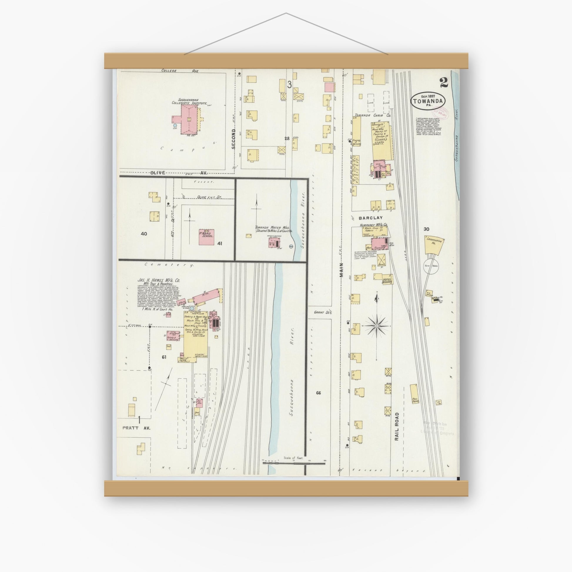 Old map wall art mockup — magnetic wood frame on white wall — Sanborn Fire Insurance Map from Towanda, Bradford County, Pennsylvania (1897), Sheet #0002