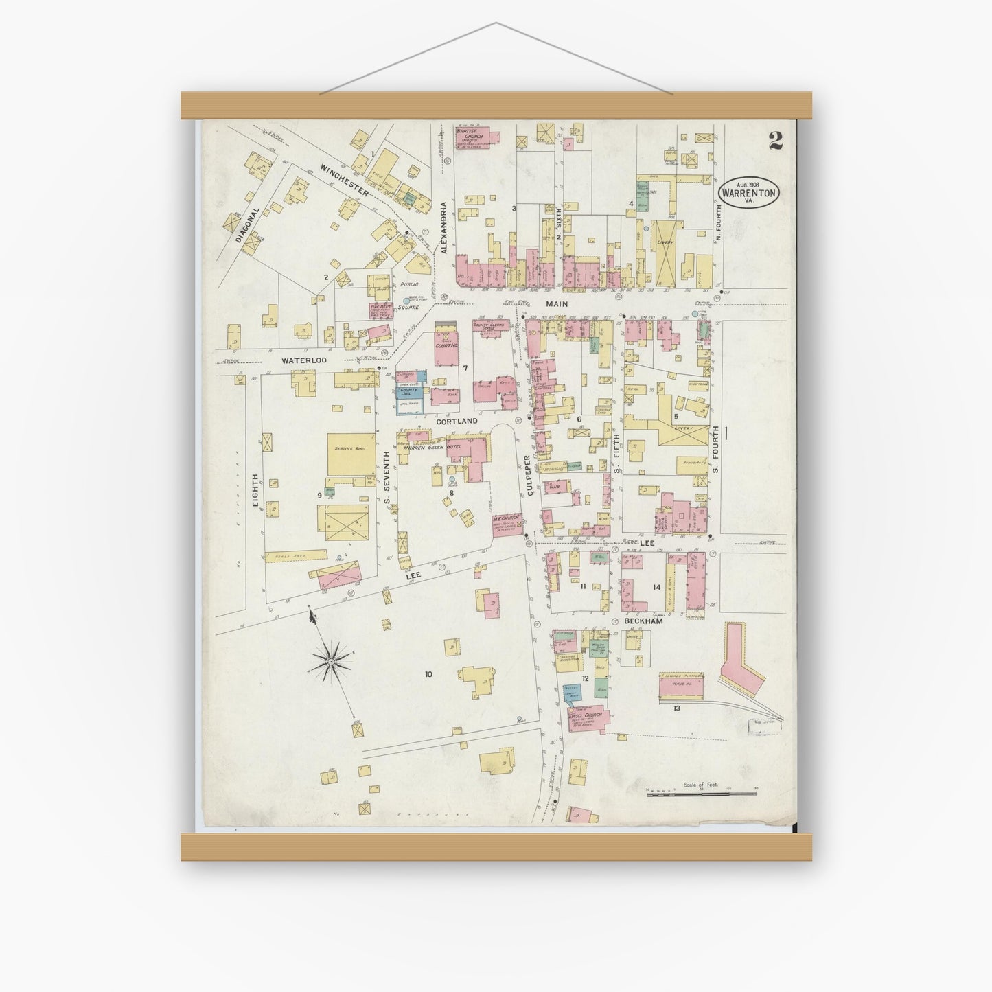 Old map wall art mockup — magnetic wood frame on white wall — Sanborn Fire Insurance Map from Warrenton, Fauquier County, Virginia (1908), Sheet #0002