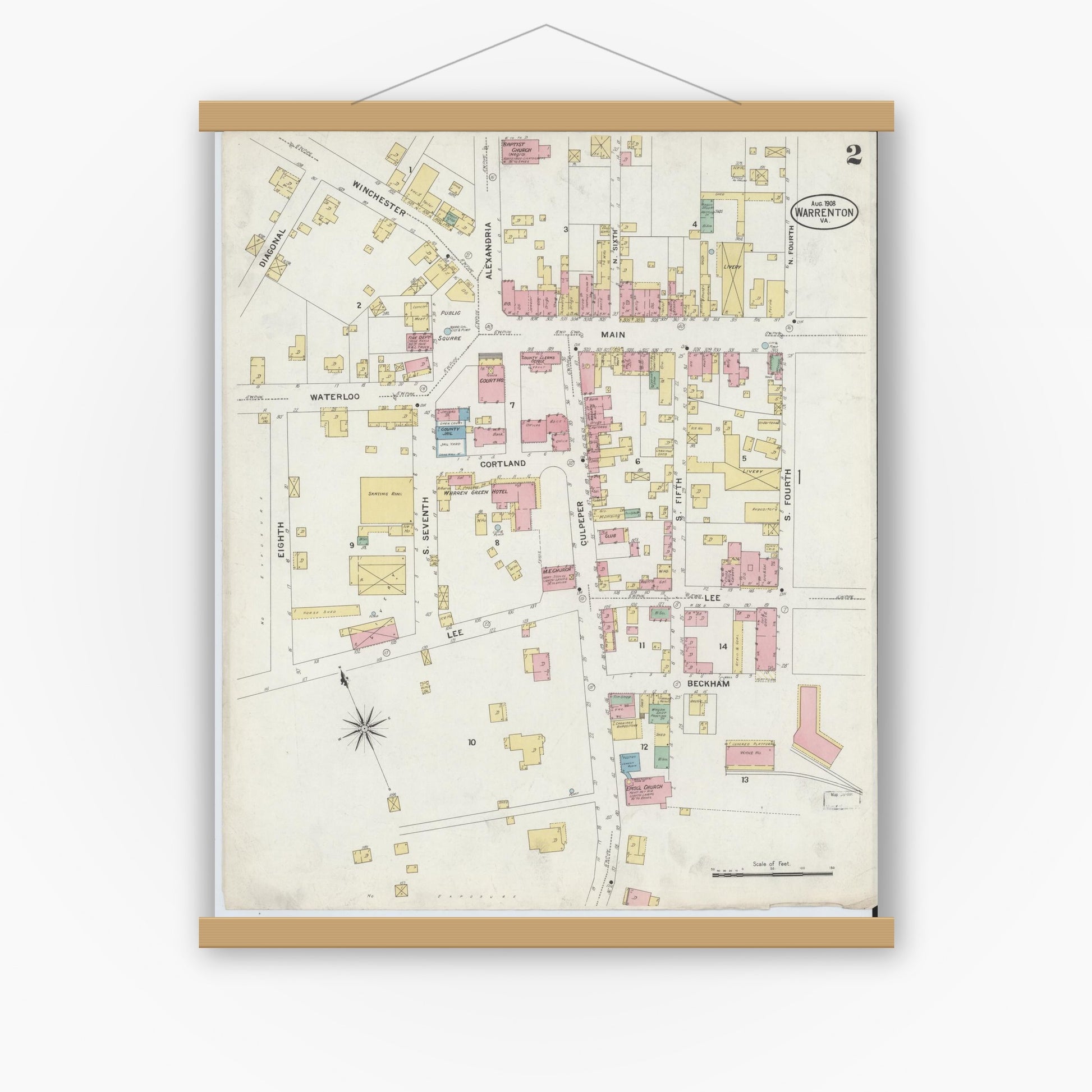 Old map wall art mockup — magnetic wood frame on white wall — Sanborn Fire Insurance Map from Warrenton, Fauquier County, Virginia (1908), Sheet #0002