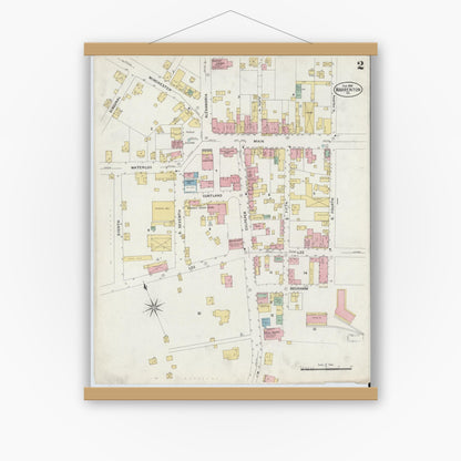 Old map wall art mockup — magnetic wood frame on white wall — Sanborn Fire Insurance Map from Warrenton, Fauquier County, Virginia (1908), Sheet #0002