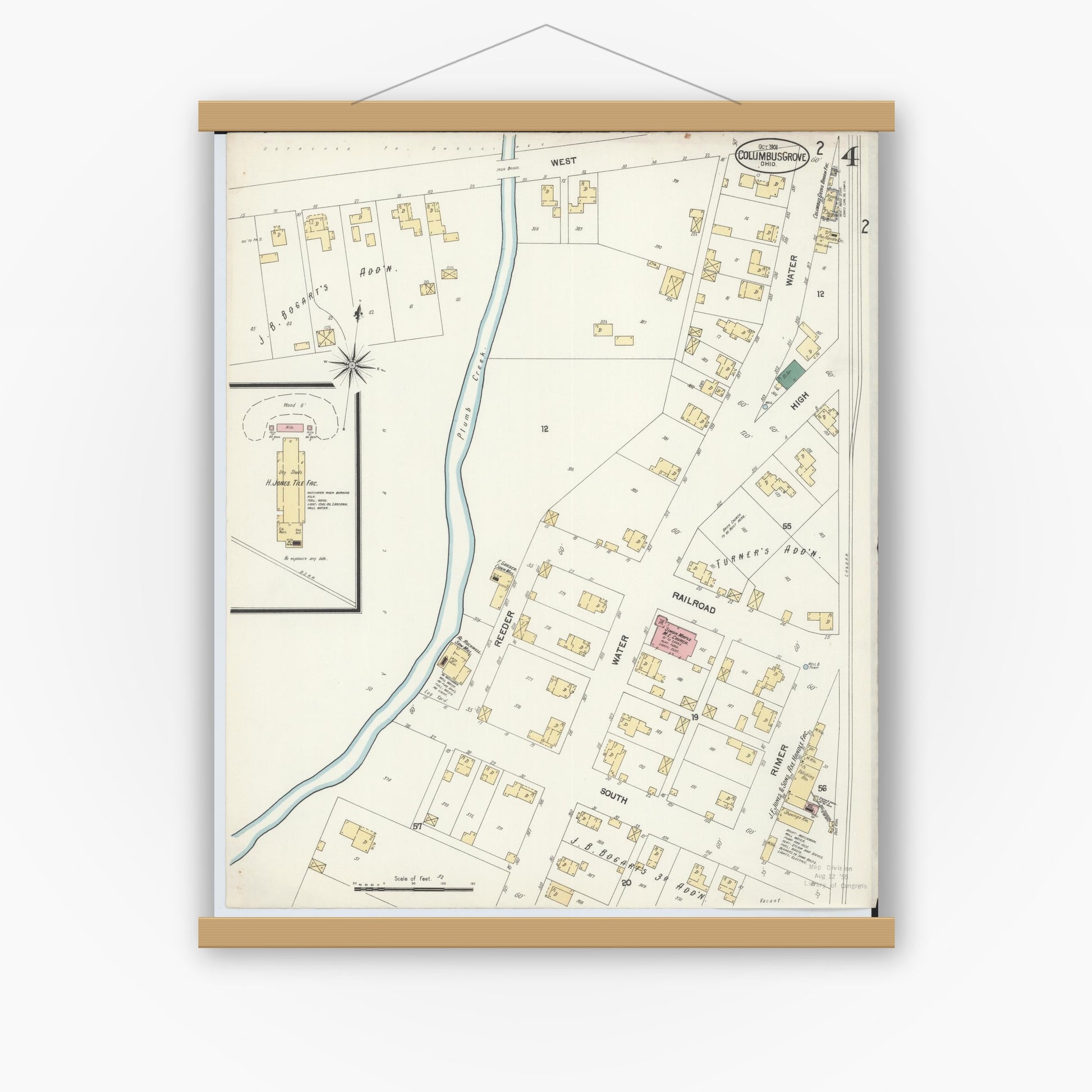 Old map wall art mockup — magnetic wood frame on white wall — Sanborn Fire Insurance Map from Columbus Grove, Putnam County, Ohio (1901), Sheet #0004
