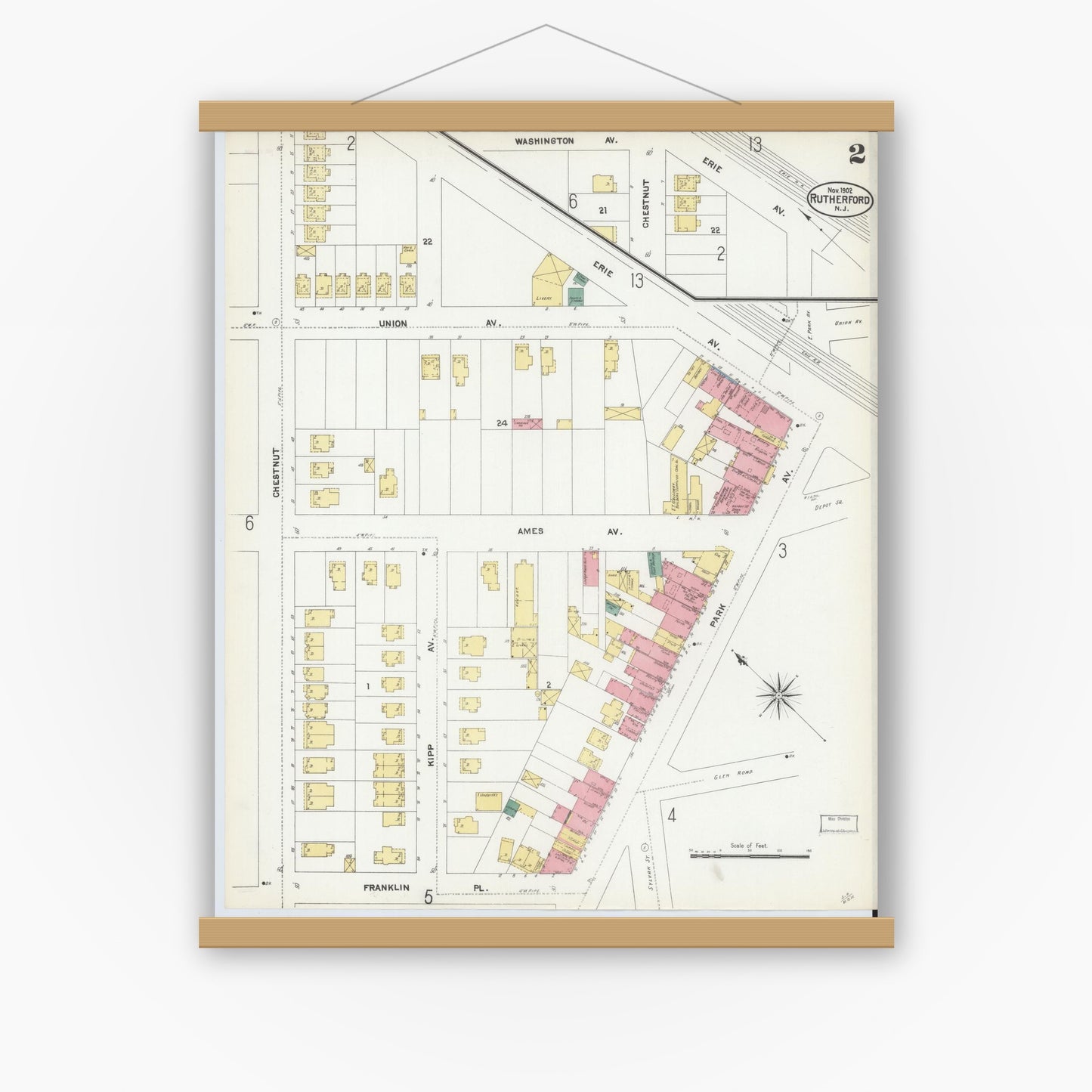 Old map wall art mockup — magnetic wood frame on white wall — Sanborn Fire Insurance Map from Rutherford, Bergen County, New Jersey (1902) - Complete Map Set