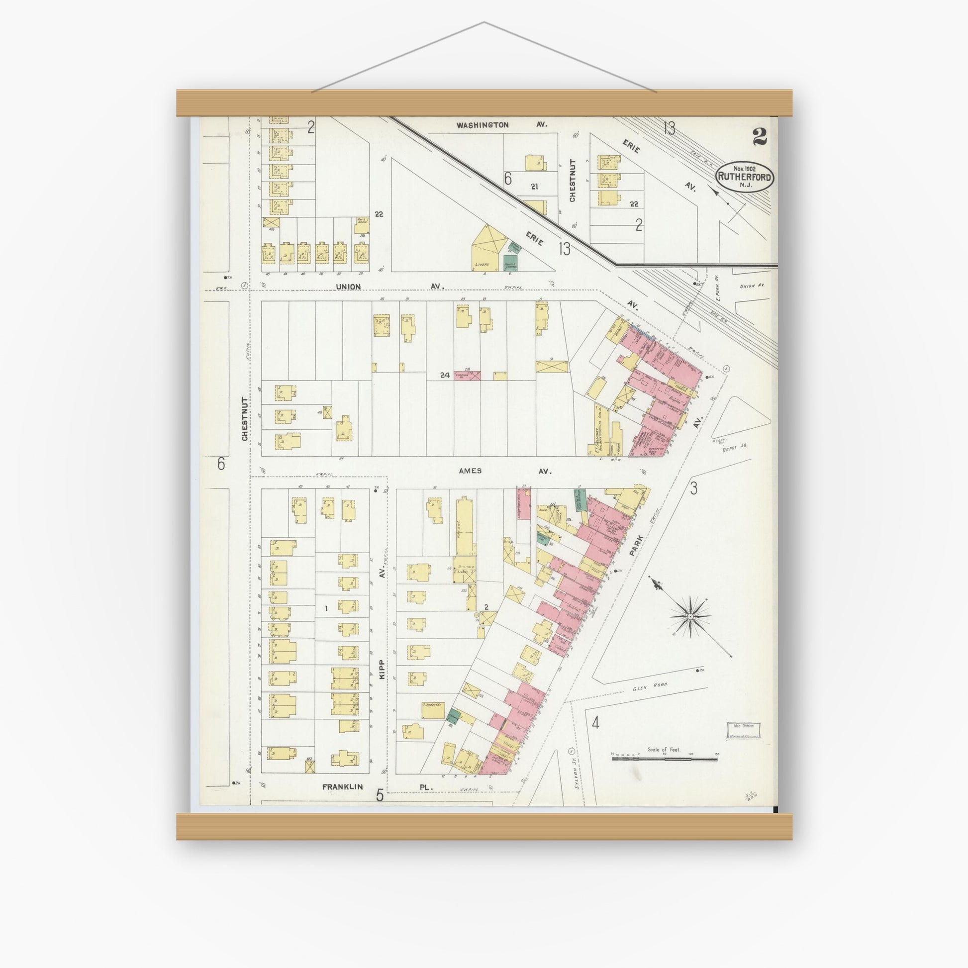 Old map wall art mockup — magnetic wood frame on white wall — Sanborn Fire Insurance Map from Rutherford, Bergen County, New Jersey (1902) - Complete Map Set