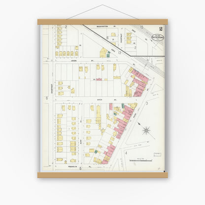 Old map wall art mockup — magnetic wood frame on white wall — Sanborn Fire Insurance Map from Rutherford, Bergen County, New Jersey (1902) - Complete Map Set