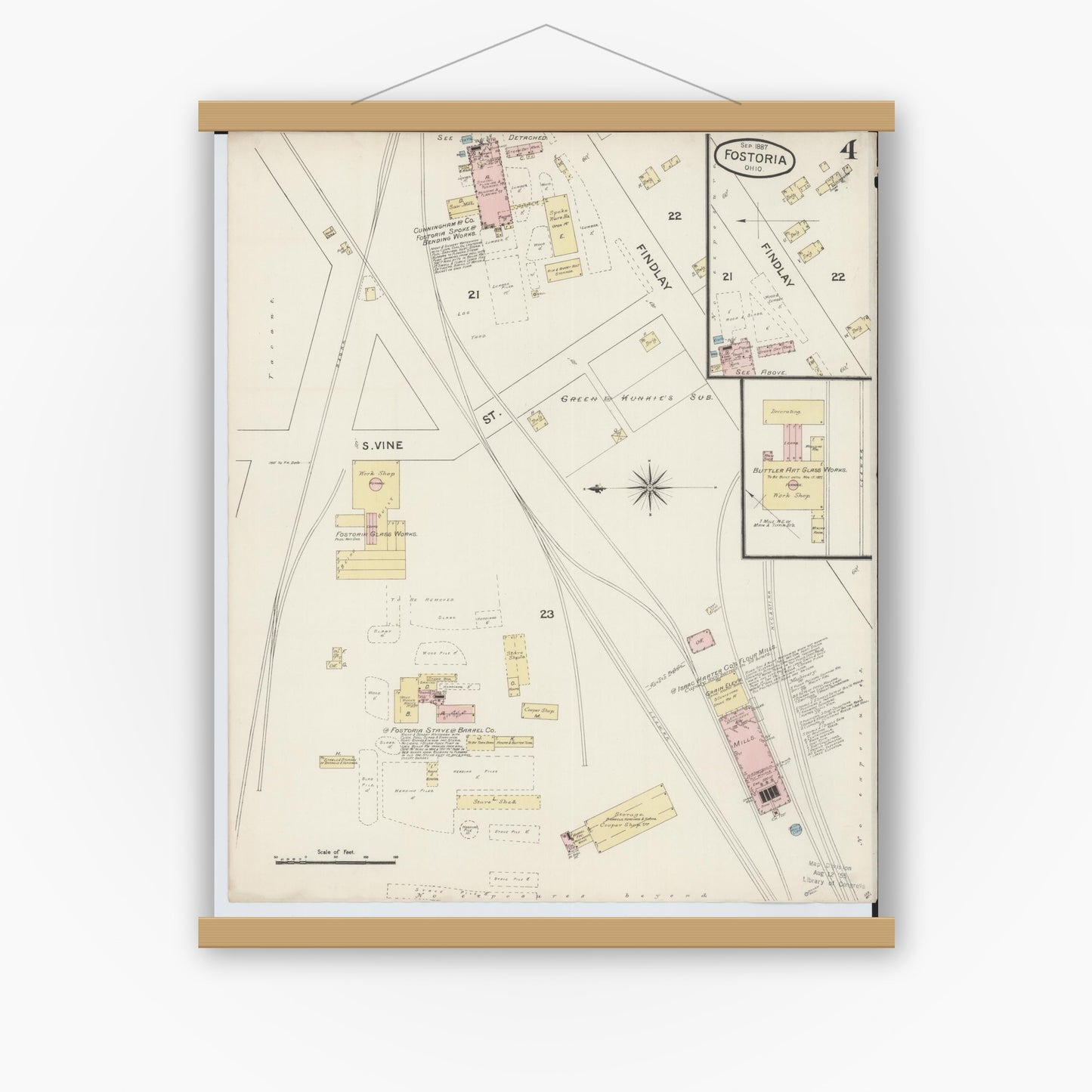 Old map wall art mockup — magnetic wood frame on white wall — Sanborn Fire Insurance Map from Fostoria, Seneca, Hancock, And Wood Counties, Ohio (1887), Sheet #0004