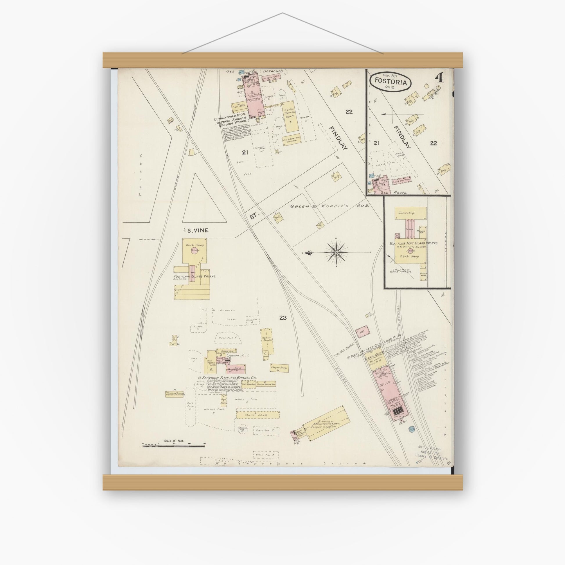 Old map wall art mockup — magnetic wood frame on white wall — Sanborn Fire Insurance Map from Fostoria, Seneca, Hancock, And Wood Counties, Ohio (1887), Sheet #0004