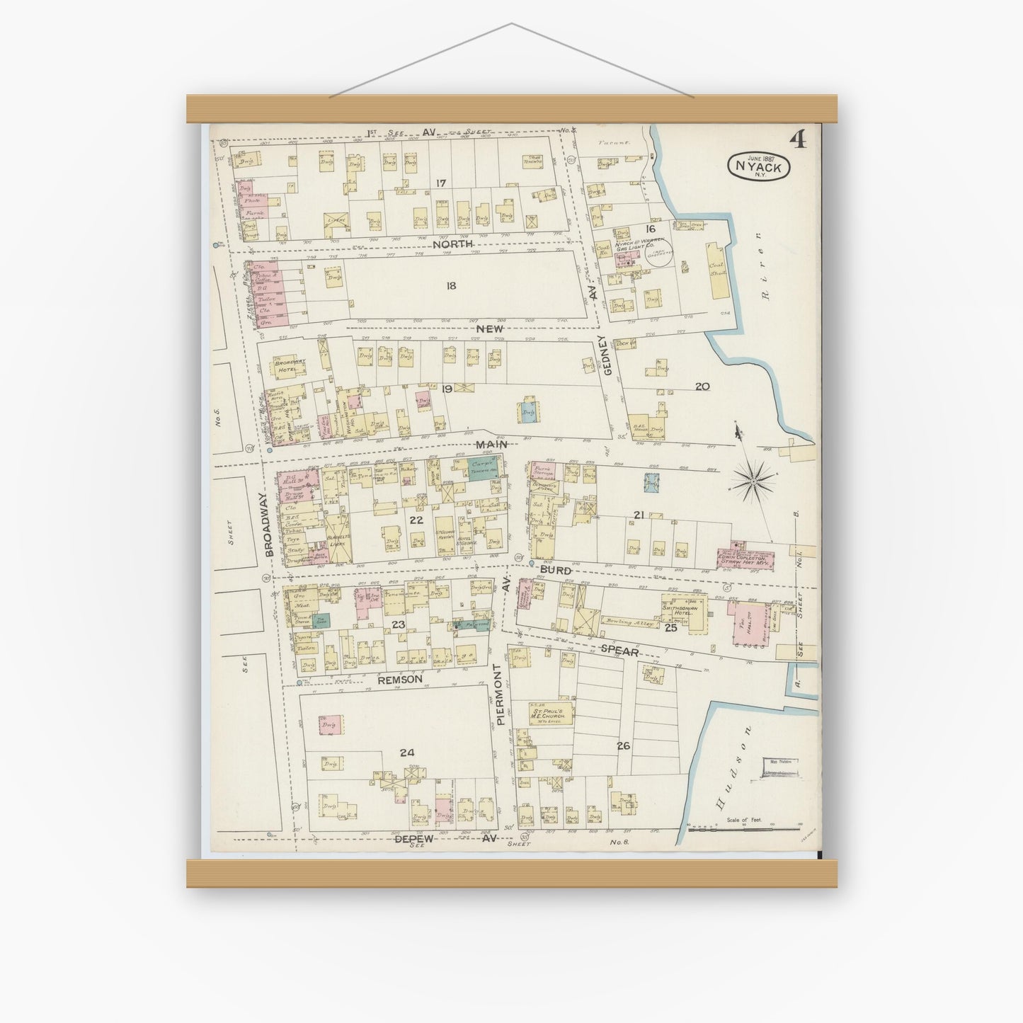 Old map wall art mockup — magnetic wood frame on white wall — Sanborn Fire Insurance Map from Nyack, Rockland County, New York. (1887), Sheet #0004