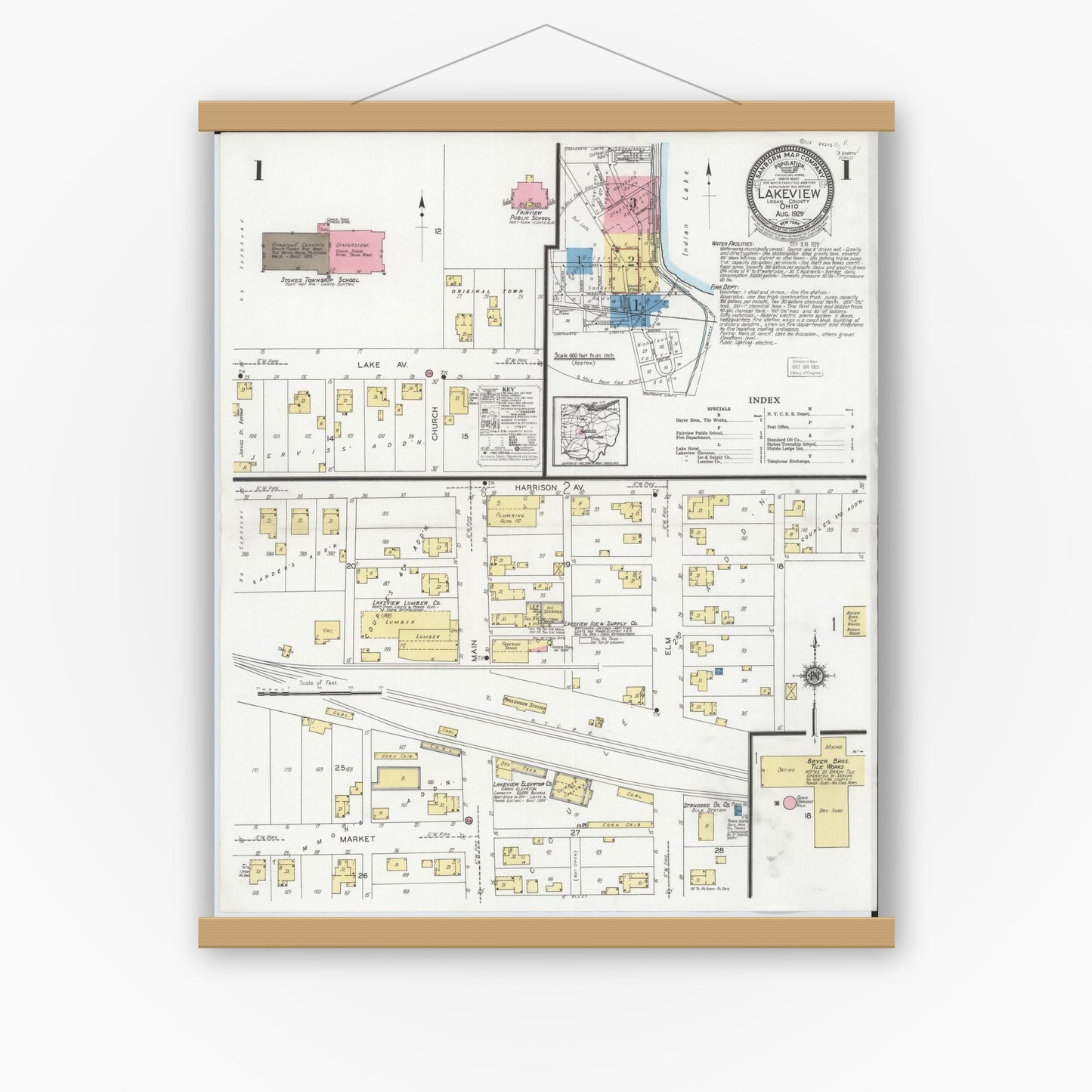 Old map wall art mockup — magnetic wood frame on white wall — Sanborn Fire Insurance Map from Lakeview, Logan County, Ohio (1929), Sheet #0001