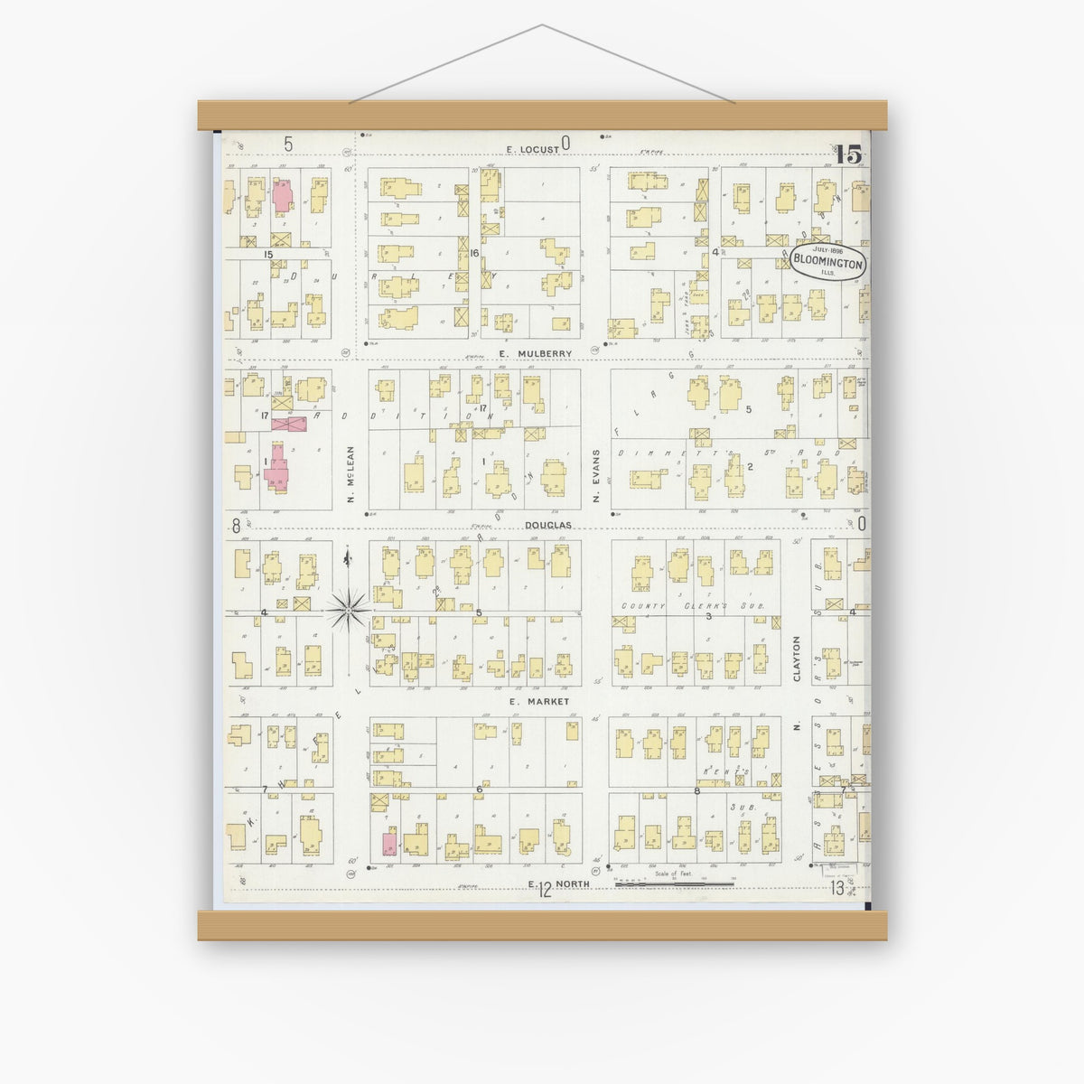 Old map wall art mockup — magnetic wood frame on white wall — Sanborn Fire Insurance Map from Bloomington, McLean County, Illinois (1896), Sheet #0015