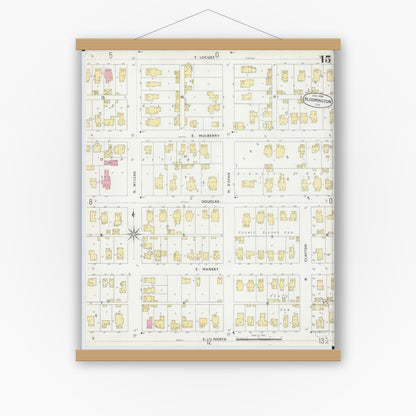 Old map wall art mockup — magnetic wood frame on white wall — Sanborn Fire Insurance Map from Bloomington, McLean County, Illinois (1896), Sheet #0015