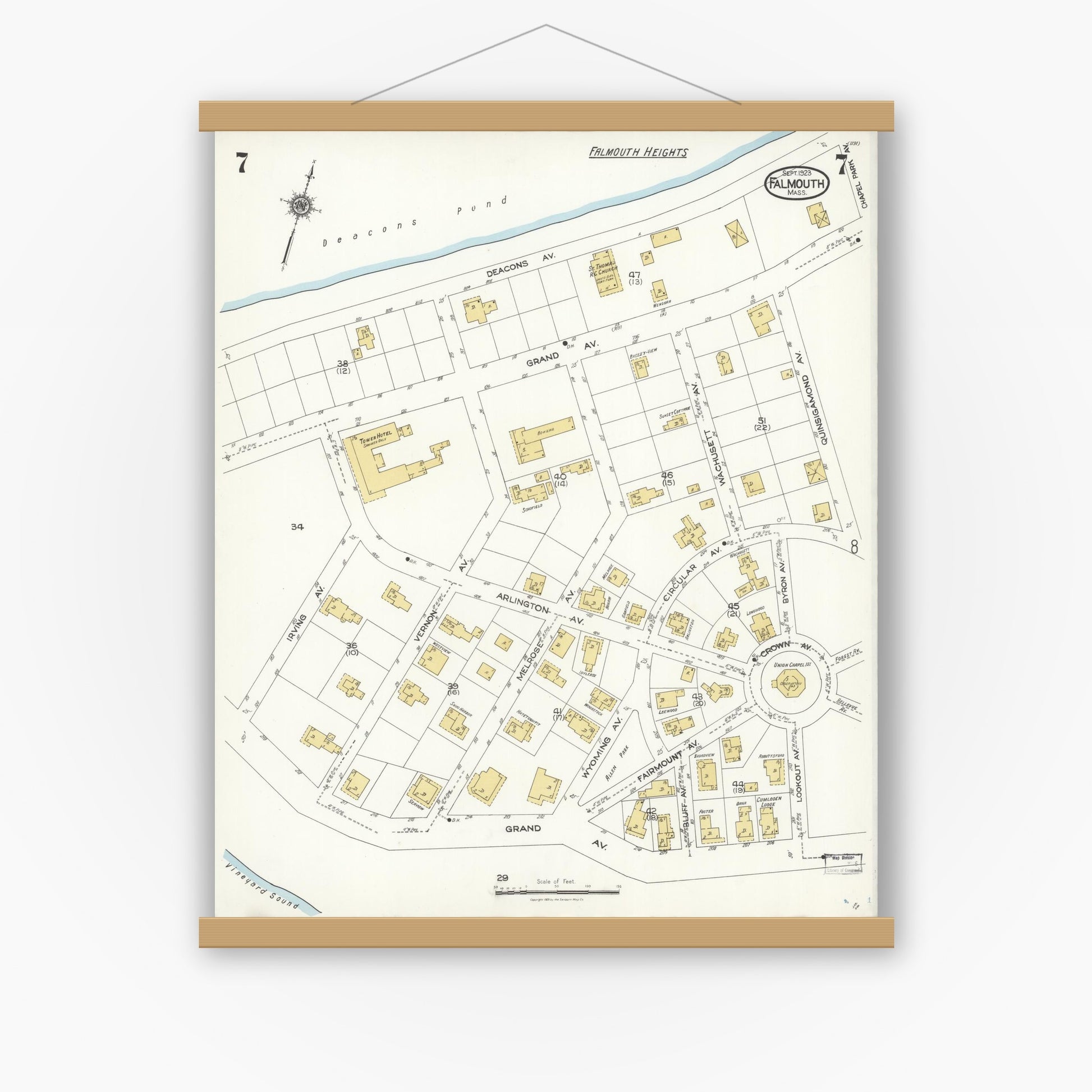 Old map wall art mockup — magnetic wood frame on white wall — Sanborn Fire Insurance Map from Falmouth, Barnstable County, Massachusetts (1923), Sheet #0007
