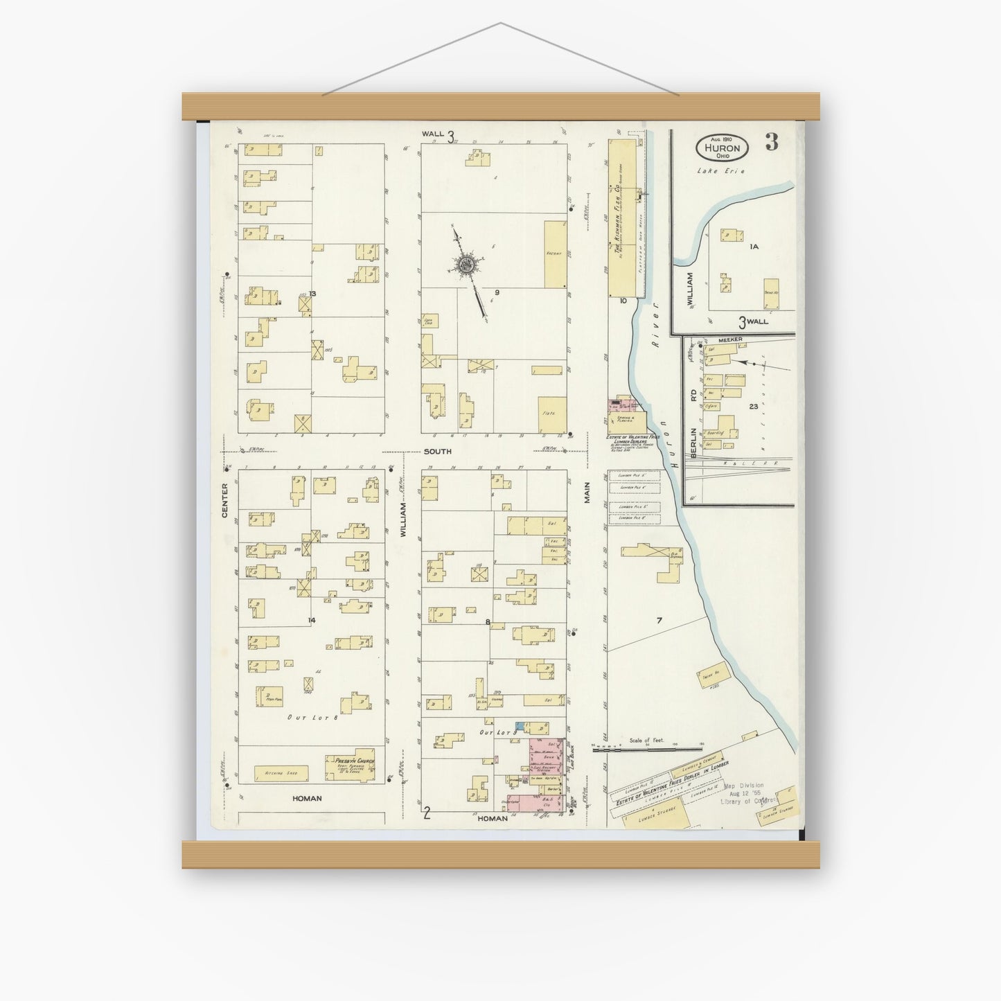 Old map wall art mockup — magnetic wood frame on white wall — Sanborn Fire Insurance Map from Huron, Erie County, Ohio (1910), Sheet #0003