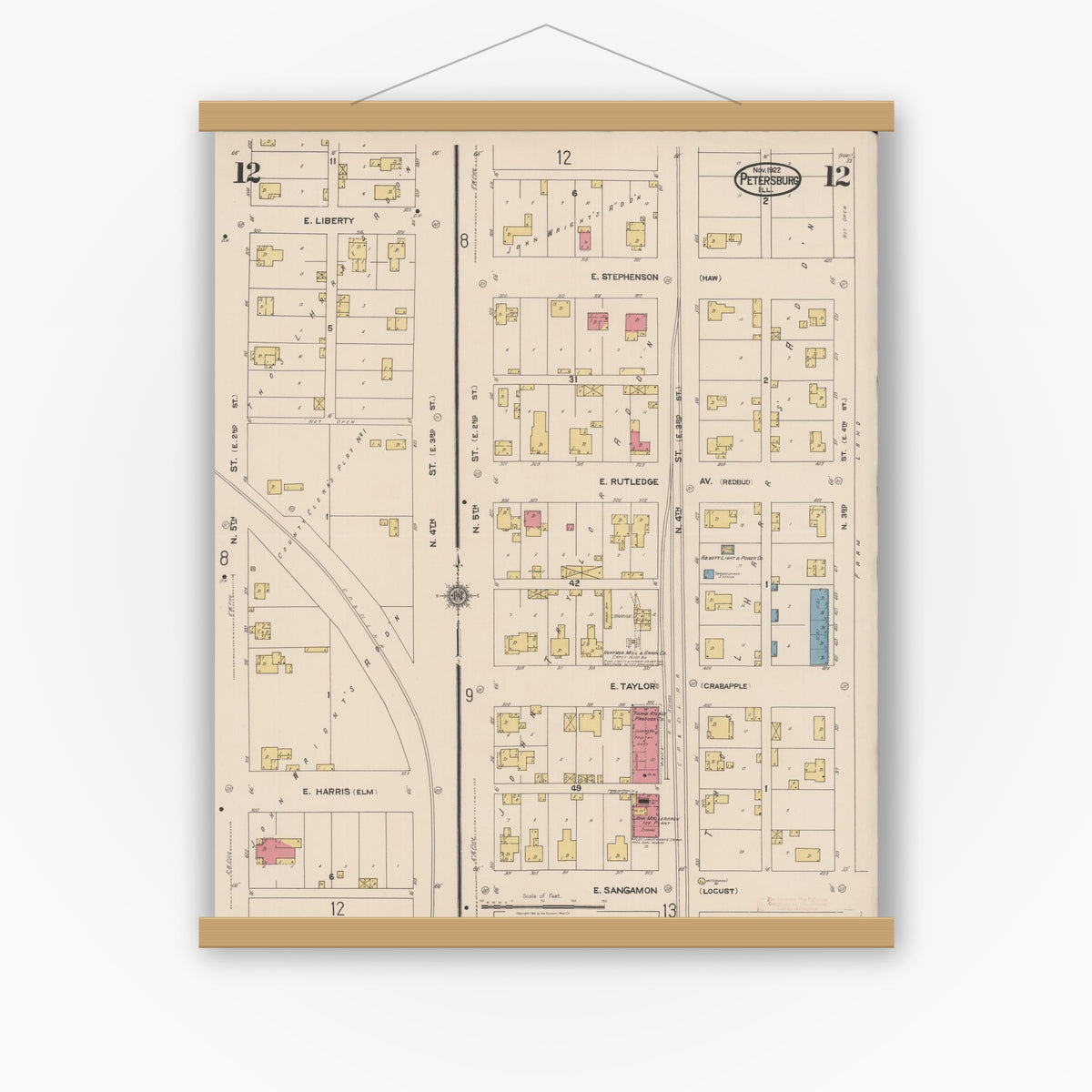 Old map wall art mockup — magnetic wood frame on white wall — Sanborn Fire Insurance Map from Petersburg, Menard County, Illinois (1922), Sheet #0012