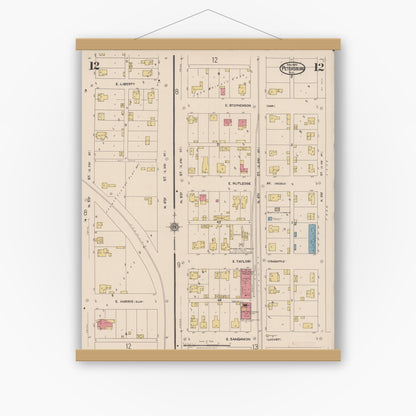 Old map wall art mockup — magnetic wood frame on white wall — Sanborn Fire Insurance Map from Petersburg, Menard County, Illinois (1922), Sheet #0012
