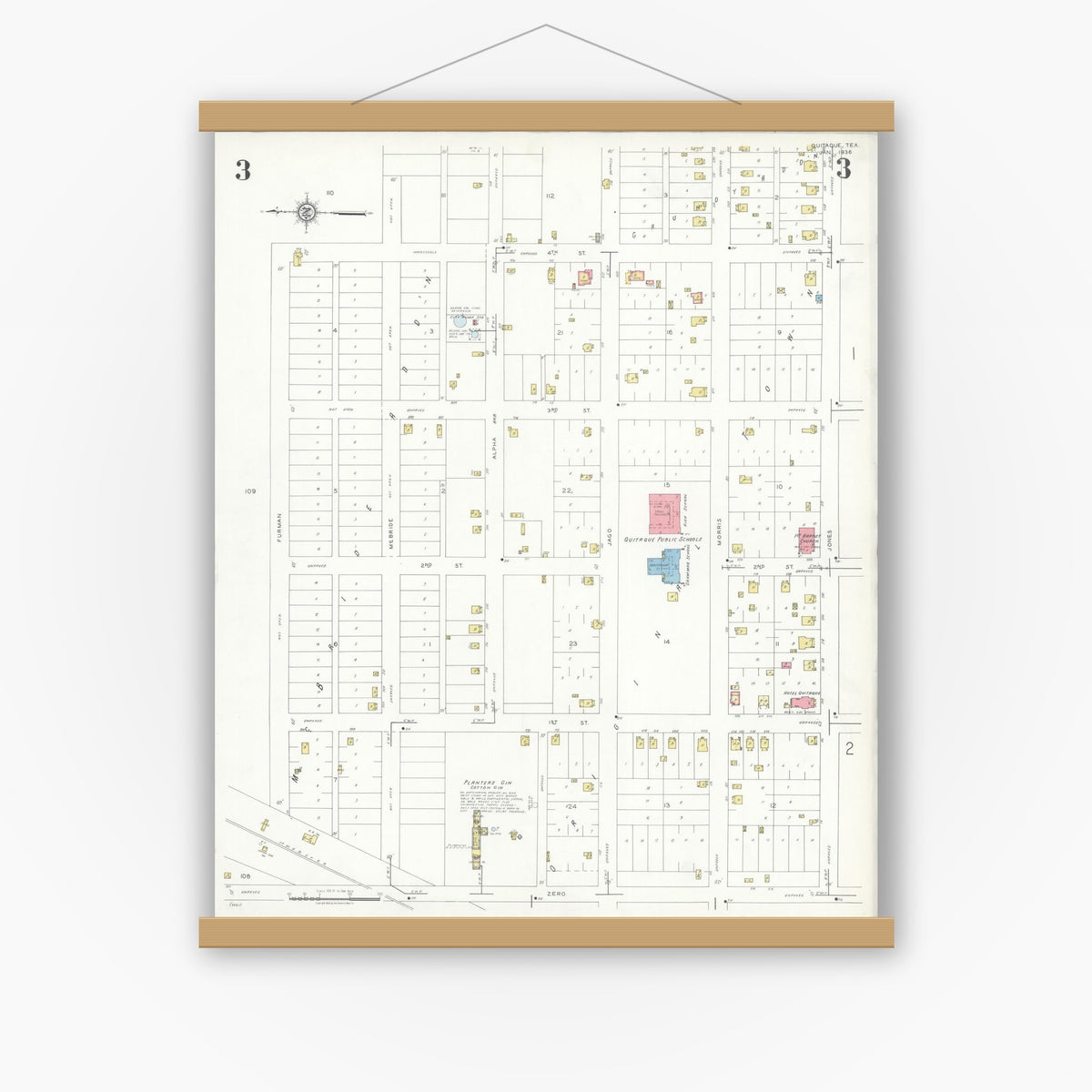 Old map wall art mockup — magnetic wood frame on white wall — Sanborn Fire Insurance Map from Quitaque, Briscoe County, Texas (1936), Sheet #0003