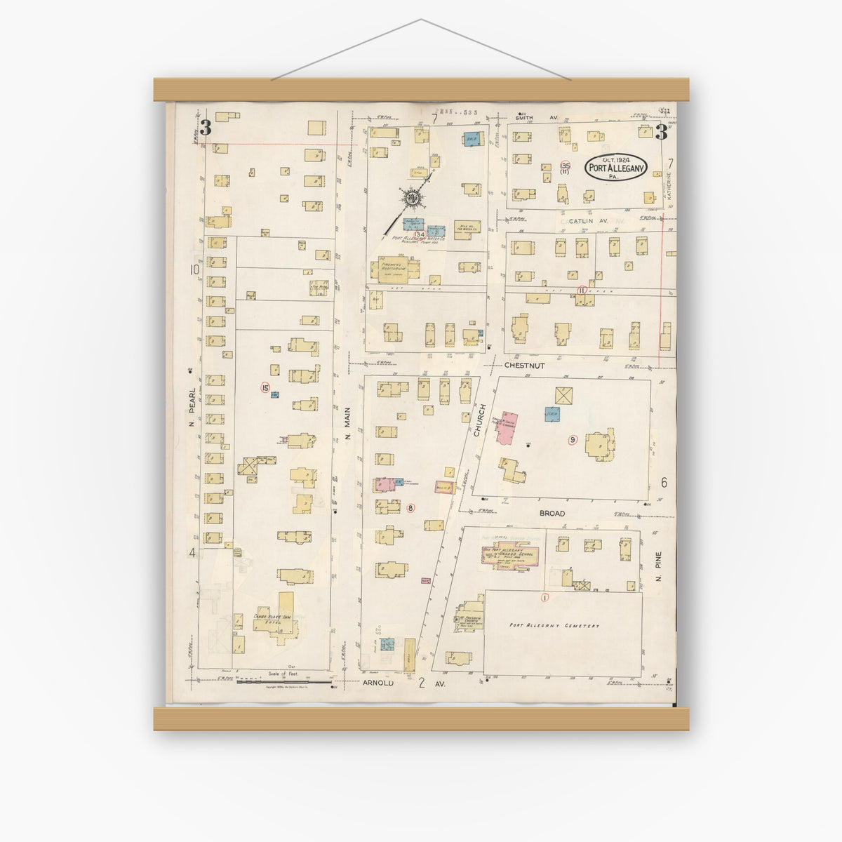 Old map wall art mockup — magnetic wood frame on white wall — Sanborn Fire Insurance Map from Port Allegany, McKean County, Pennsylvania (1940), Sheet #0003