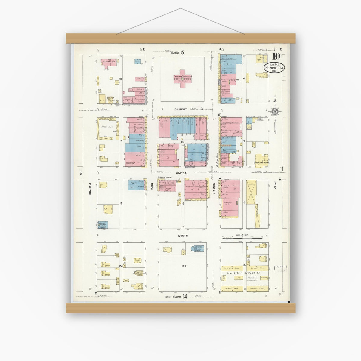 Old map wall art mockup — magnetic wood frame on white wall — Sanborn Fire Insurance Map from Henrietta, Clay County, Texas (1912), Sheet #0010