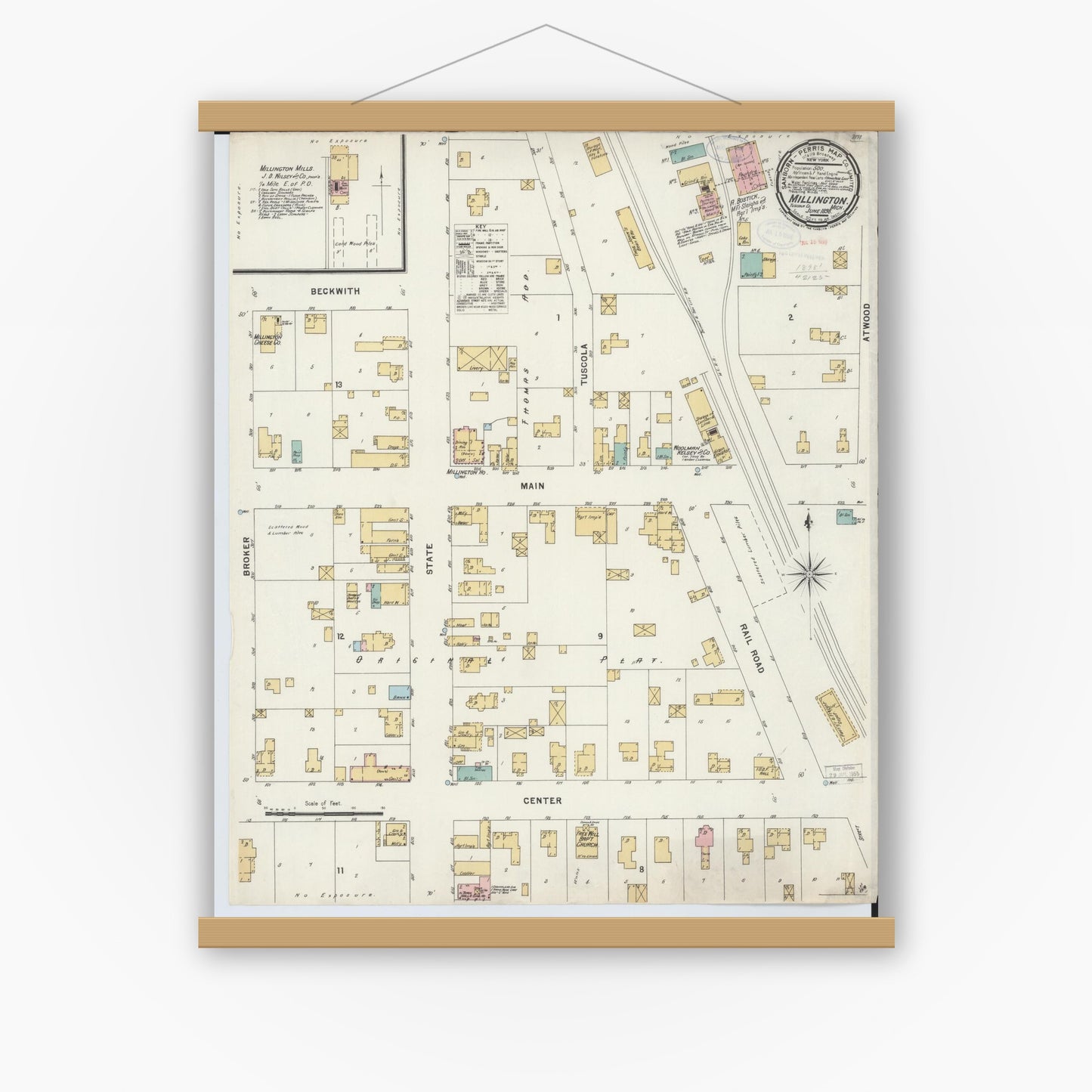 Old map wall art mockup — magnetic wood frame on white wall — Sanborn Fire Insurance Map from Millington, Tuscola County, Michigan (1898), Sheet #0001