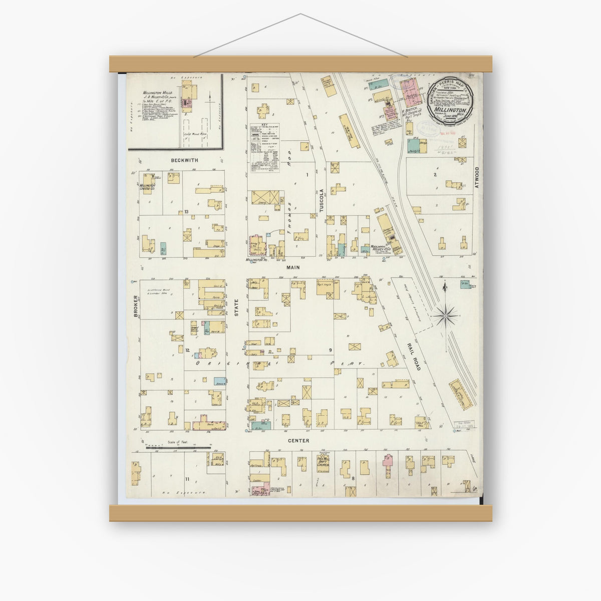 Old map wall art mockup — magnetic wood frame on white wall — Sanborn Fire Insurance Map from Millington, Tuscola County, Michigan (1898), Sheet #0001