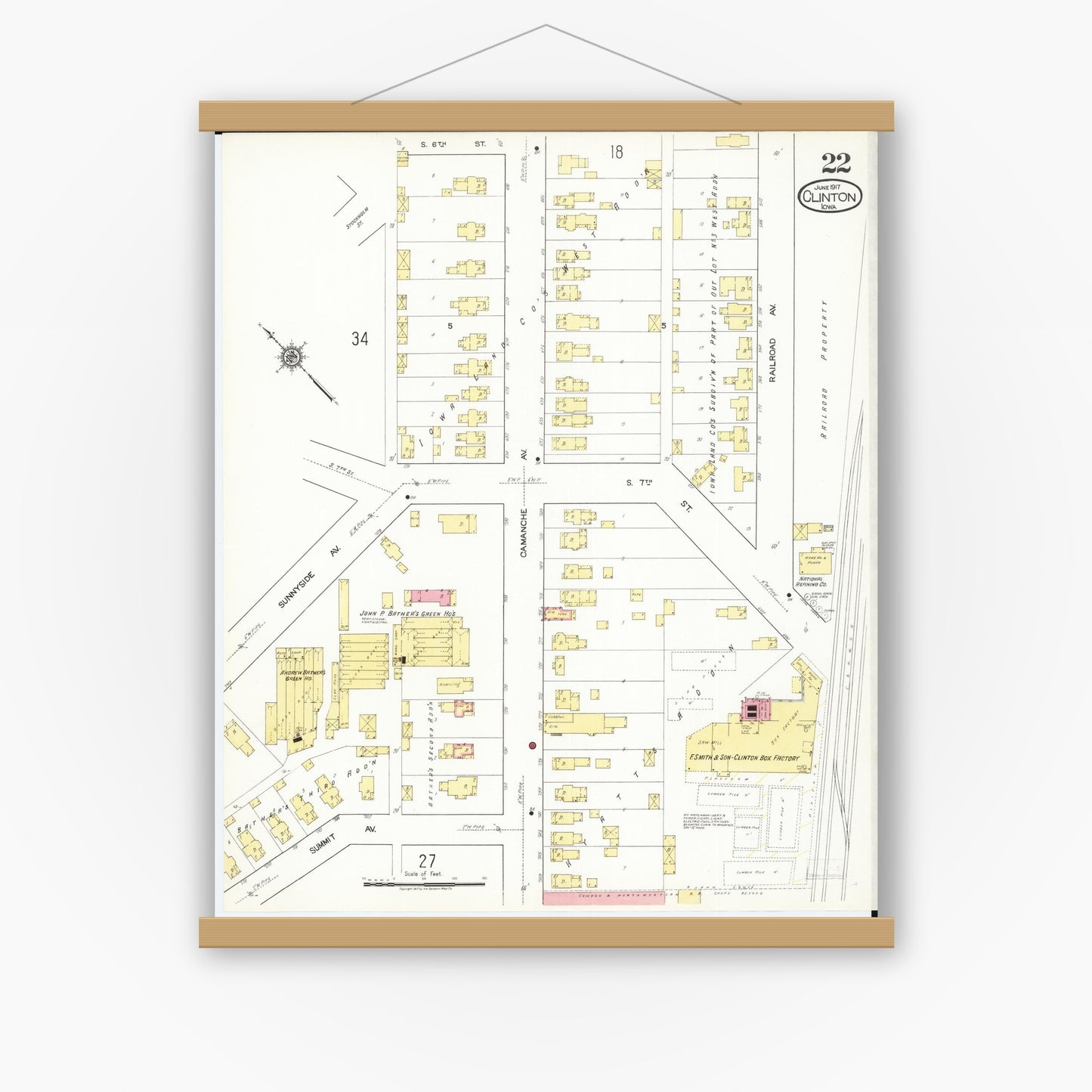 Old map wall art mockup — magnetic wood frame on white wall — Sanborn Fire Insurance Map from Clinton, Clinton County, Iowa (1917), Sheet #0022