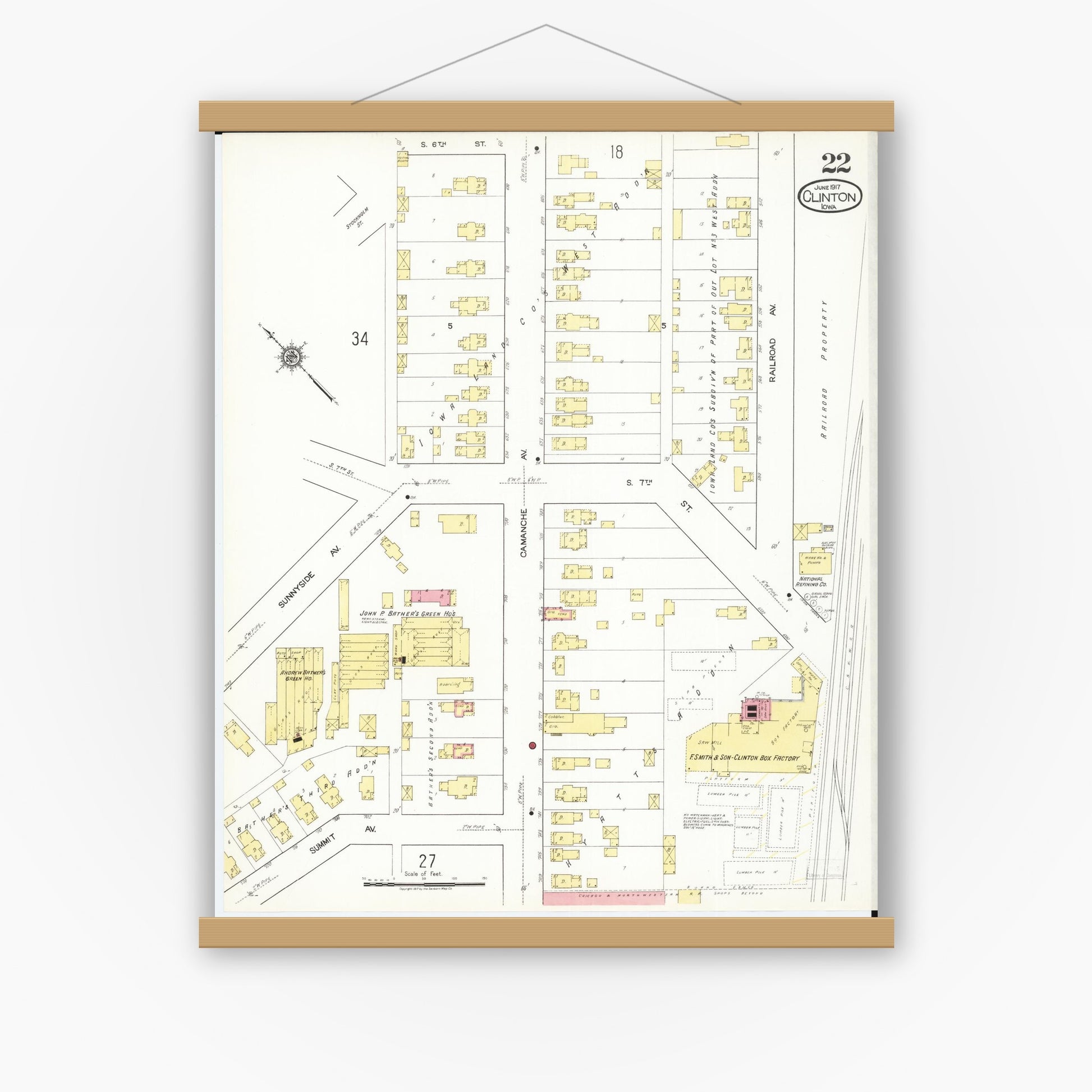 Old map wall art mockup — magnetic wood frame on white wall — Sanborn Fire Insurance Map from Clinton, Clinton County, Iowa (1917), Sheet #0022