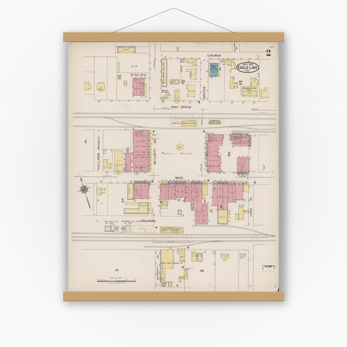 Old map wall art mockup — magnetic wood frame on white wall — Sanborn Fire Insurance Map from Eagle Lake, Colorado County, Texas (1922), Sheet #0002