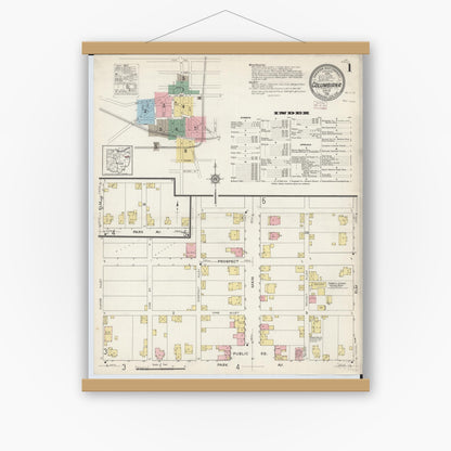 Old map wall art mockup — magnetic wood frame on white wall — Sanborn Fire Insurance Map from Columbiana, Columbiana County, Ohio (1915), Sheet #0001