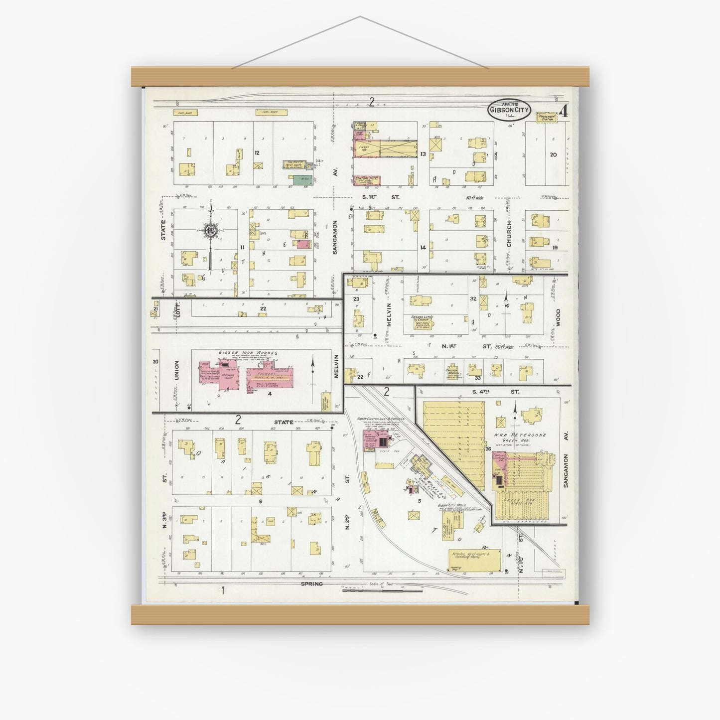 Old map wall art mockup — magnetic wood frame on white wall — Sanborn Fire Insurance Map from Gibson City, Ford County, Illinois (1910), Sheet #0004