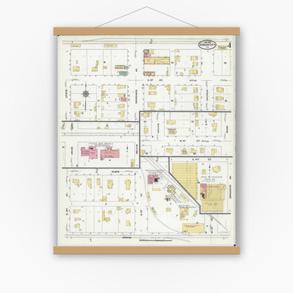 Old map wall art mockup — magnetic wood frame on white wall — Sanborn Fire Insurance Map from Gibson City, Ford County, Illinois (1910), Sheet #0004