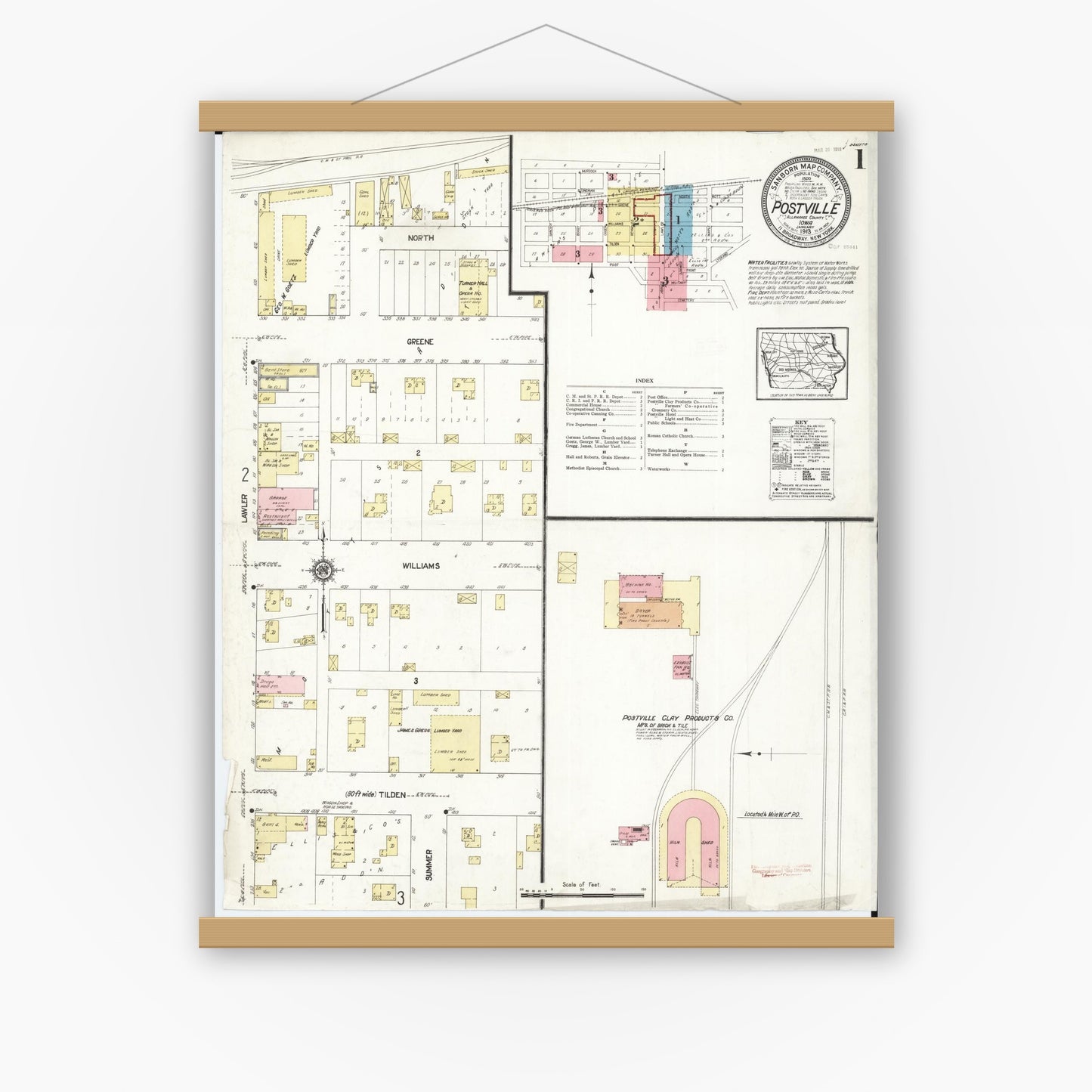 Old map wall art mockup — magnetic wood frame on white wall — Sanborn Fire Insurance Map from Postville, Allamakee County, Iowa (1913), Sheet #0001