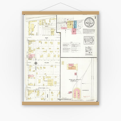 Old map wall art mockup — magnetic wood frame on white wall — Sanborn Fire Insurance Map from Postville, Allamakee County, Iowa (1913), Sheet #0001