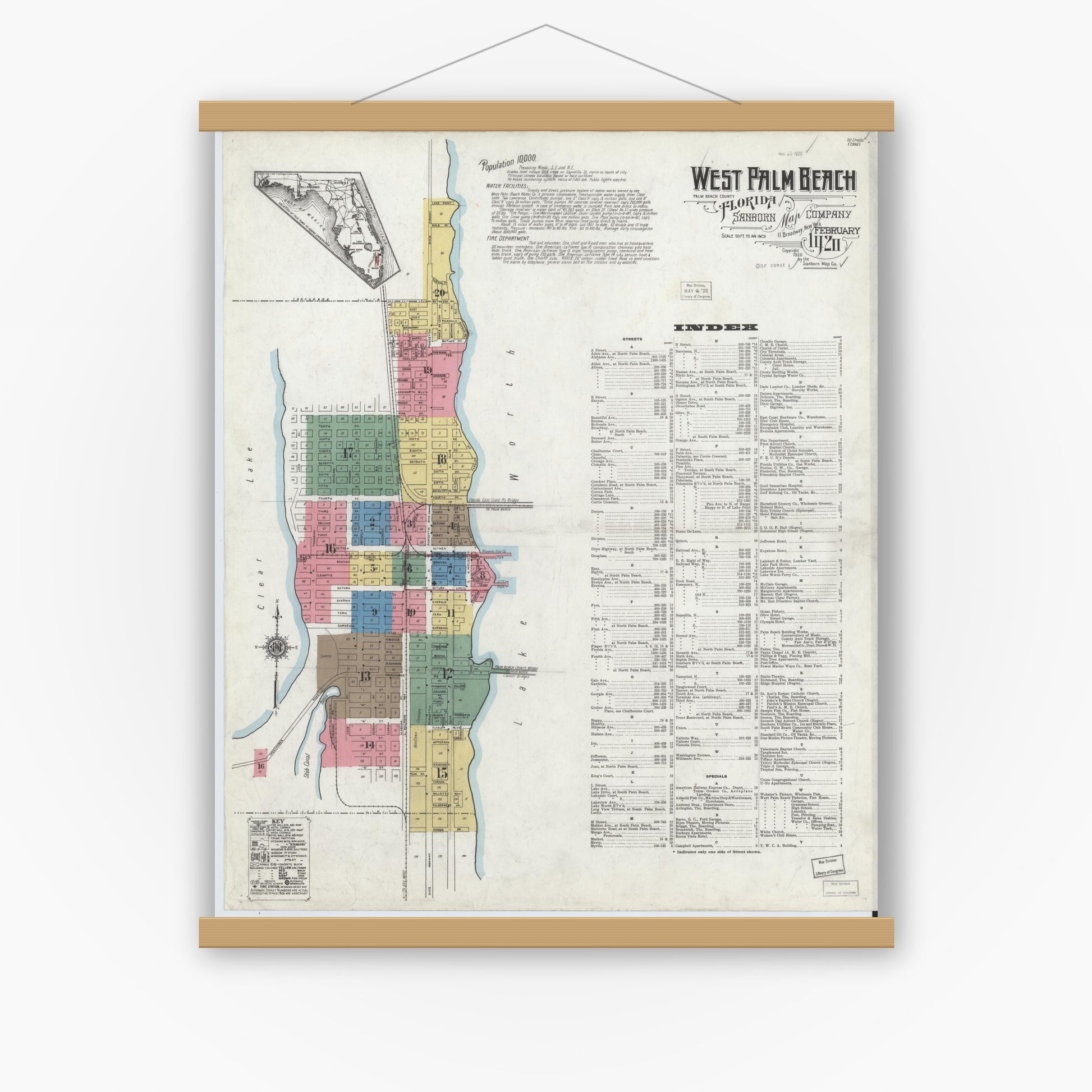 Old map wall art mockup — magnetic wood frame on white wall — Sanborn Fire Insurance Map from West Palm Beach, Dade County, Florida (1920) - Complete Map Set