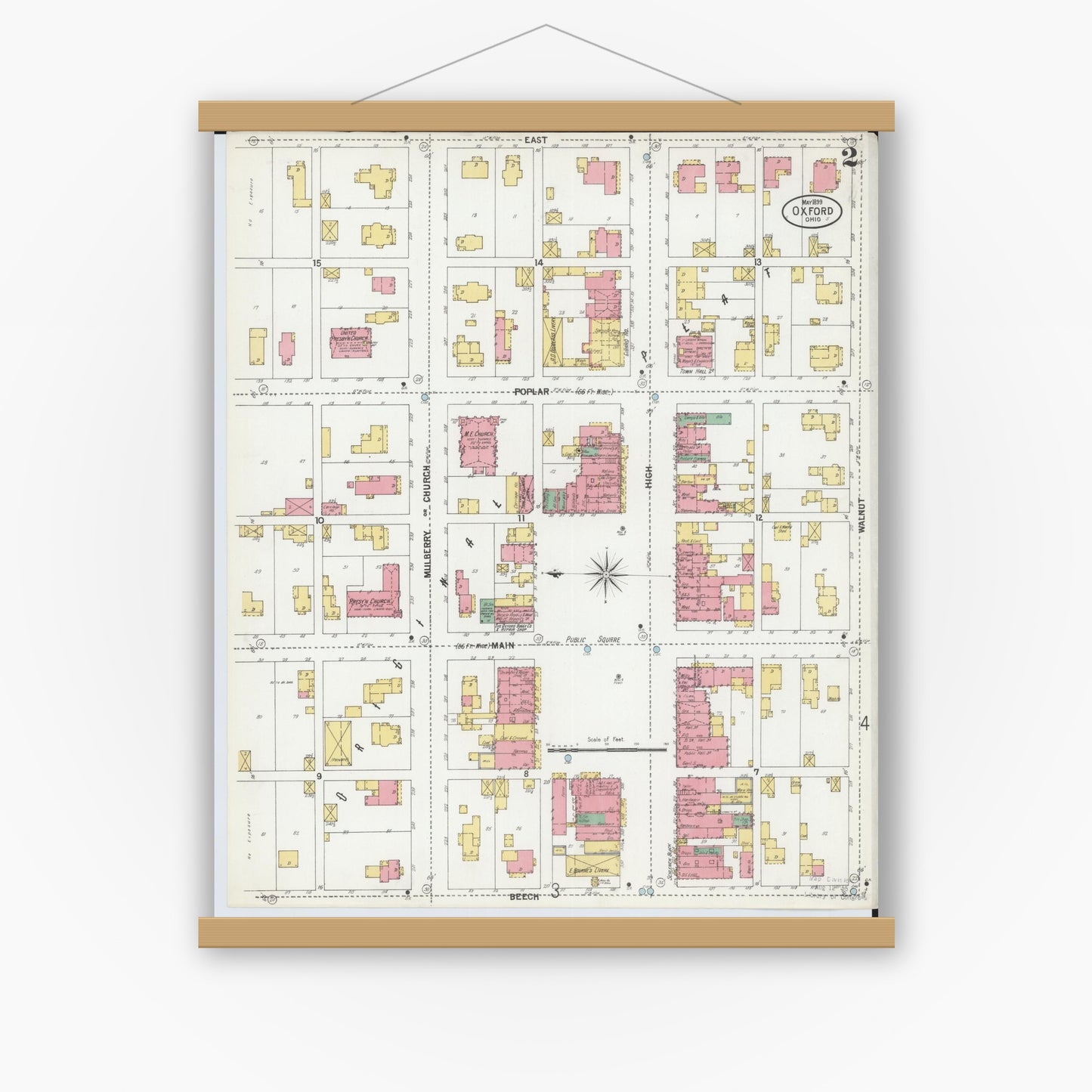 Old map wall art mockup — magnetic wood frame on white wall — Sanborn Fire Insurance Map from Oxford, Butler County, Ohio (1899), Sheet #0002