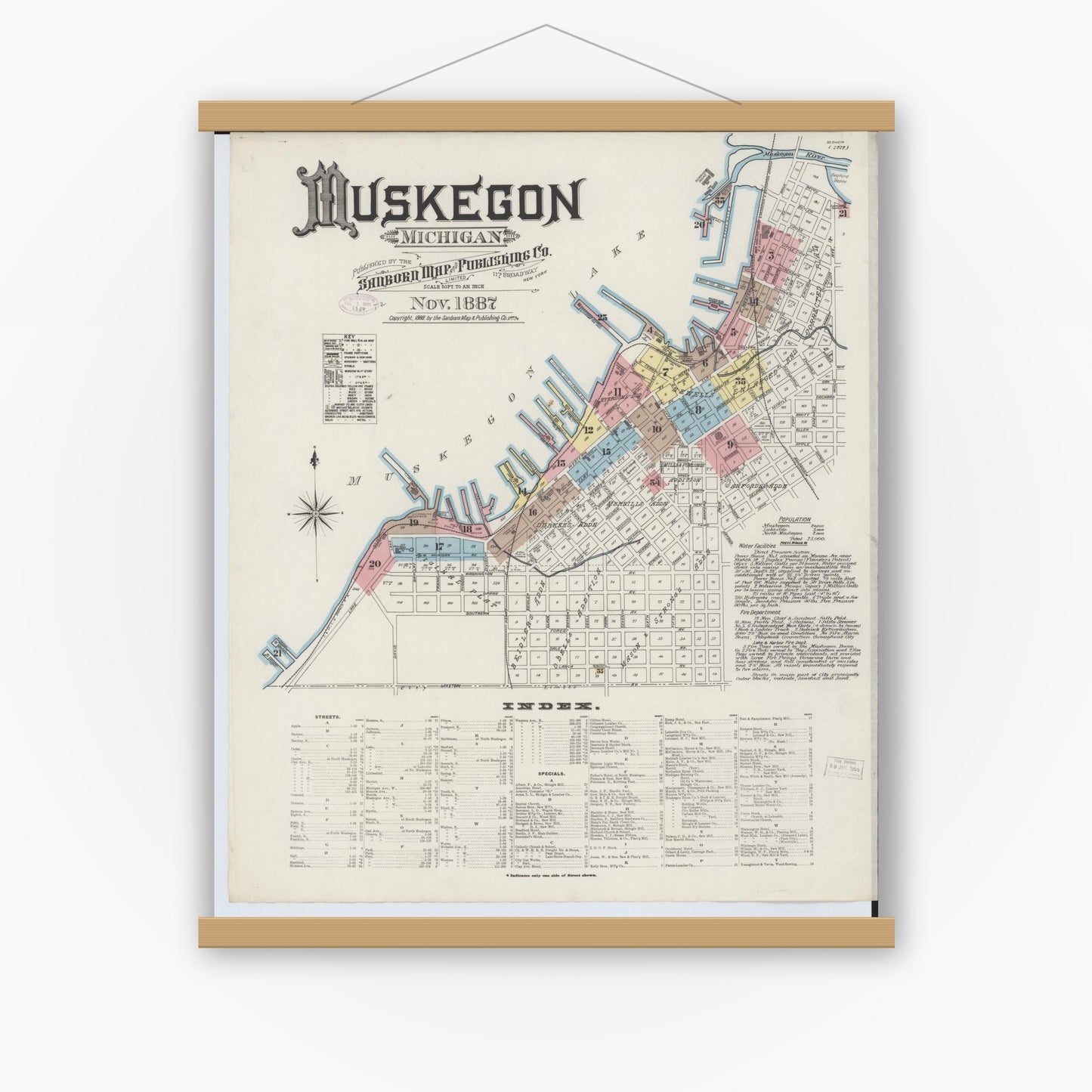 Old map wall art mockup — magnetic wood frame on white wall — Sanborn Fire Insurance Map from Muskegon, Muskegon County, Michigan (1887) - Complete Map Set