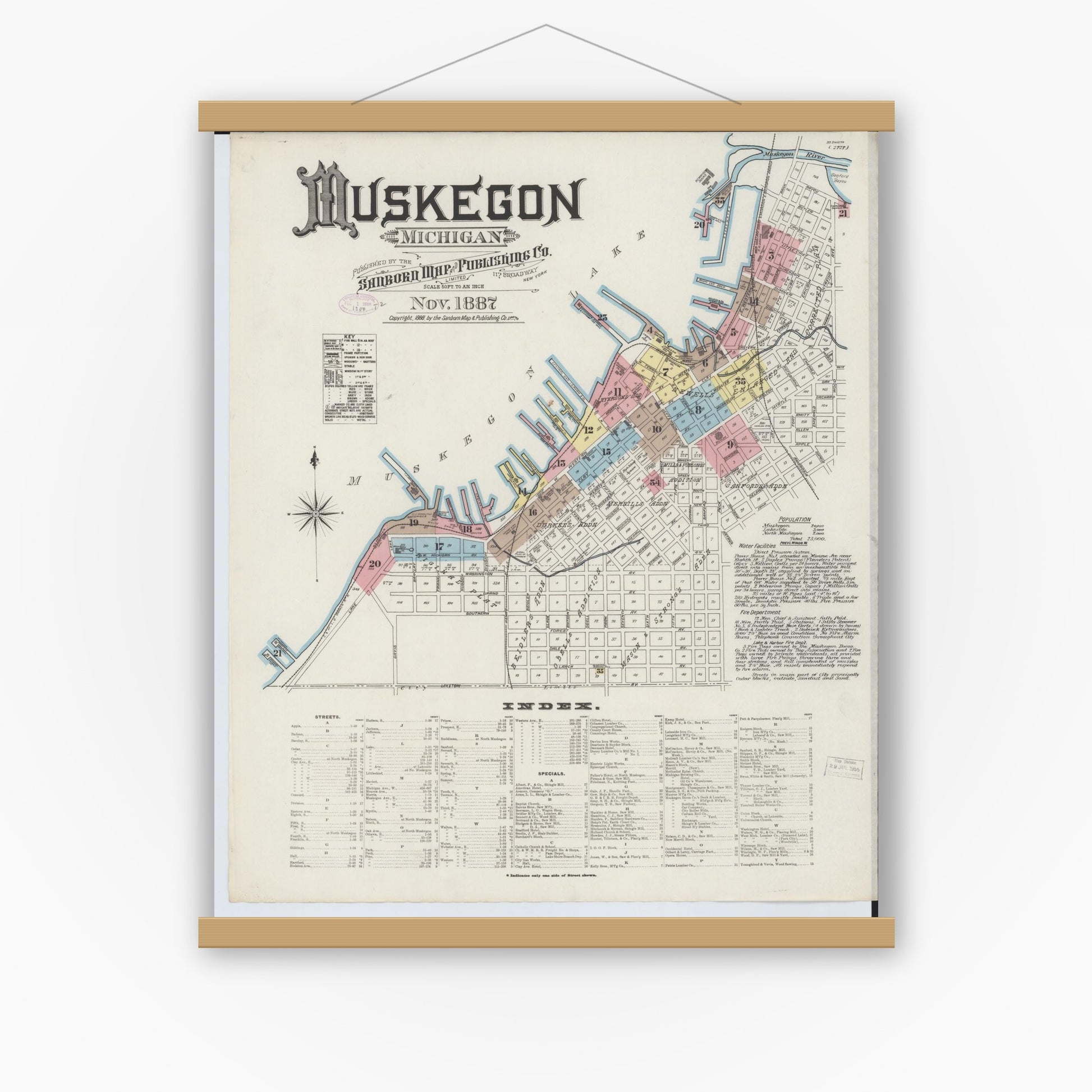 Old map wall art mockup — magnetic wood frame on white wall — Sanborn Fire Insurance Map from Muskegon, Muskegon County, Michigan (1887) - Complete Map Set