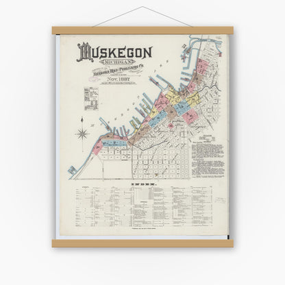 Old map wall art mockup — magnetic wood frame on white wall — Sanborn Fire Insurance Map from Muskegon, Muskegon County, Michigan (1887) - Complete Map Set
