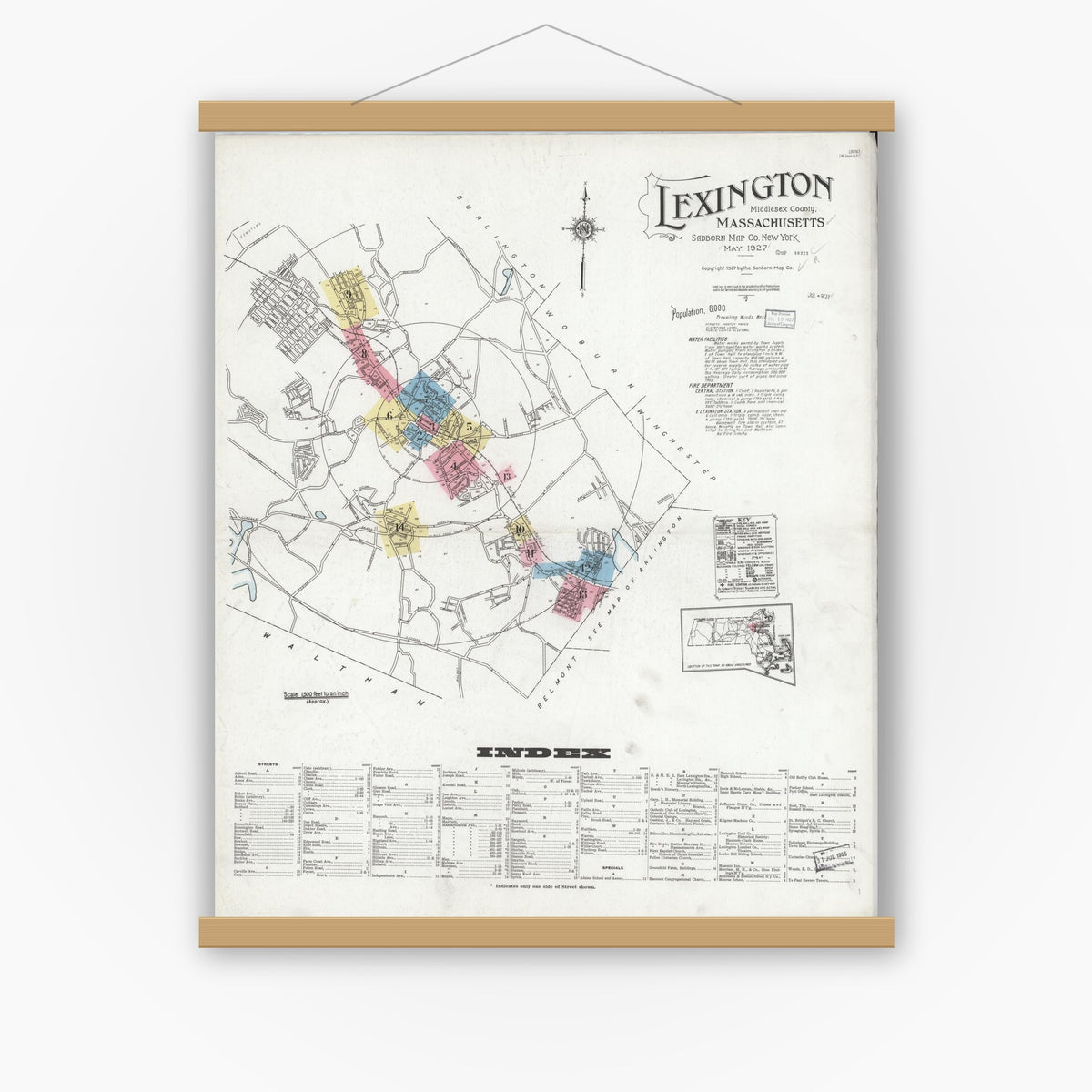 Old map wall art mockup — magnetic wood frame on white wall — Sanborn Fire Insurance Map from Lexington, Middlesex County, Massachusetts (1927) - Complete Map Set