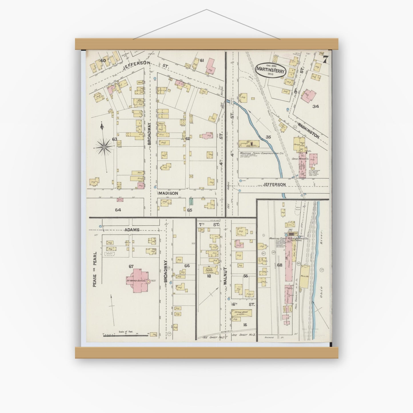 Old map wall art mockup — magnetic wood frame on white wall — Sanborn Fire Insurance Map from Martins Ferry, Belmont County, Ohio (1890), Sheet #0007