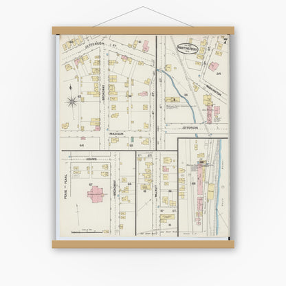 Old map wall art mockup — magnetic wood frame on white wall — Sanborn Fire Insurance Map from Martins Ferry, Belmont County, Ohio (1890), Sheet #0007
