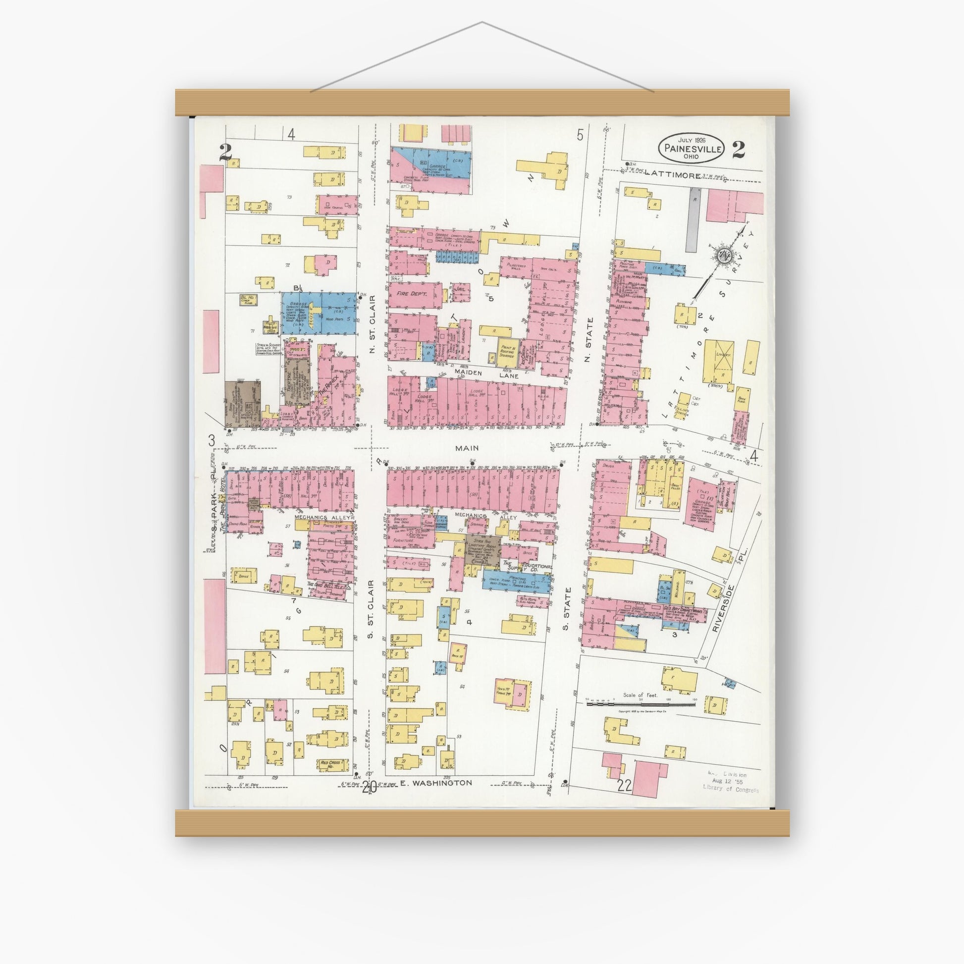 Old map wall art mockup — magnetic wood frame on white wall — Sanborn Fire Insurance Map from Painesville, Lake County, Ohio (1926), Sheet #0002