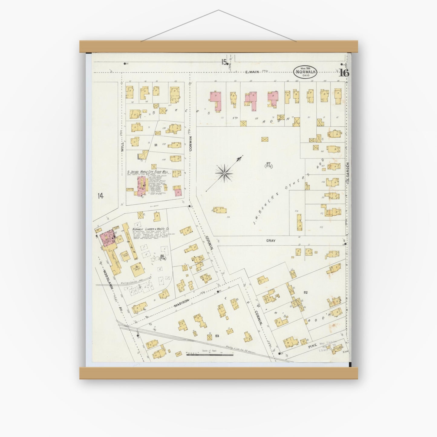 Old map wall art mockup — magnetic wood frame on white wall — Sanborn Fire Insurance Map from Norwalk, Huron County, Ohio (1906), Sheet #0016