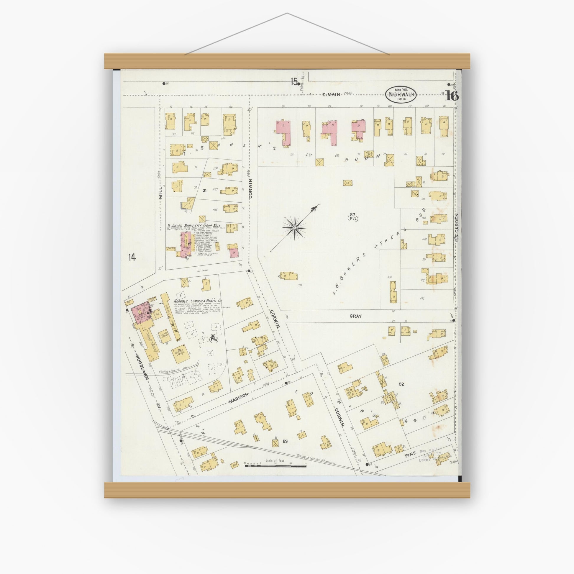 Old map wall art mockup — magnetic wood frame on white wall — Sanborn Fire Insurance Map from Norwalk, Huron County, Ohio (1906), Sheet #0016
