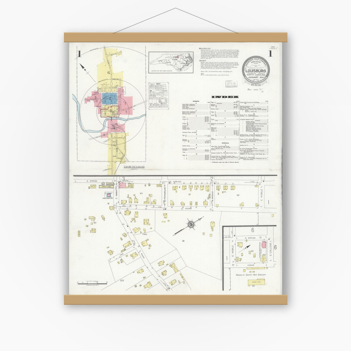 Old map wall art mockup — magnetic wood frame on white wall — Sanborn Fire Insurance Map from Louisburg, Franklin County, North Carolina (1930), Sheet #0001