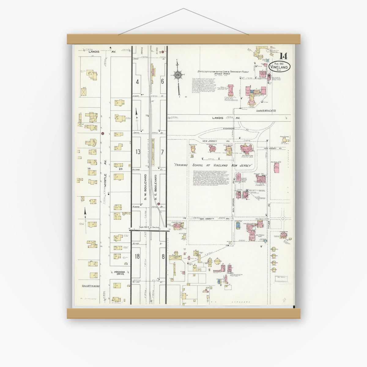 Old map wall art mockup — magnetic wood frame on white wall — Sanborn Fire Insurance Map from Vineland, Cumberland County, New Jersey (1912), Sheet #0014